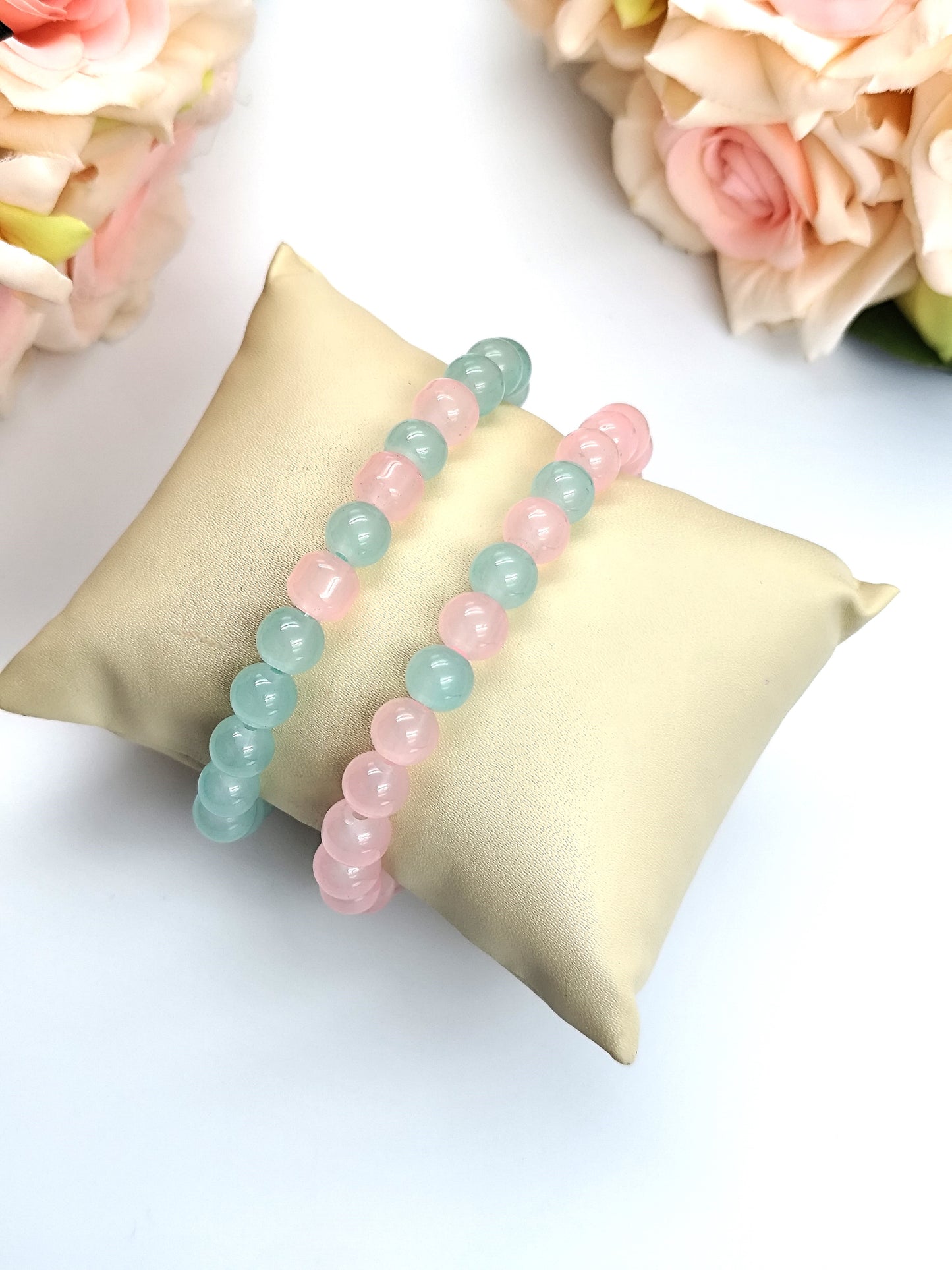 Bracelet - Opaque glass bead bracelet set - Pastel pink and pastel blue