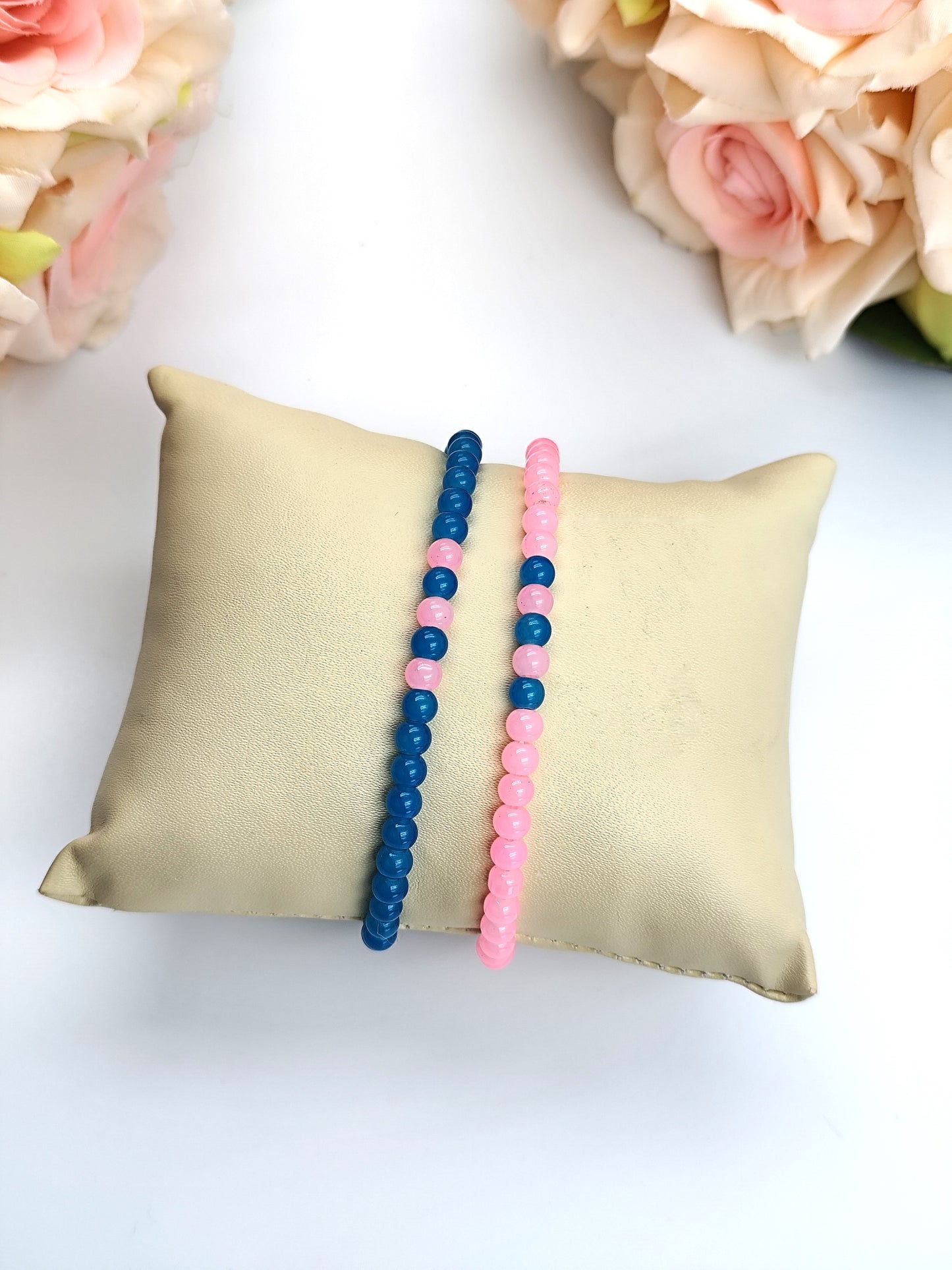 Bracelet - Opaque Small Bead Bracelet Set - Pink And Blue