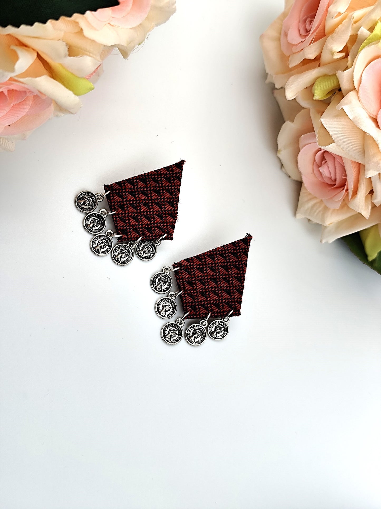 Fabric Earrings - Red & Black Khaan Fabric Earring with Silver Coins