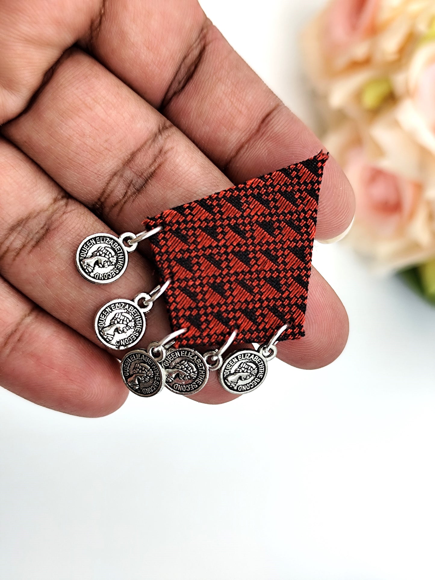 Fabric Earrings - Red & Black Khaan Fabric Earring with Silver Coins