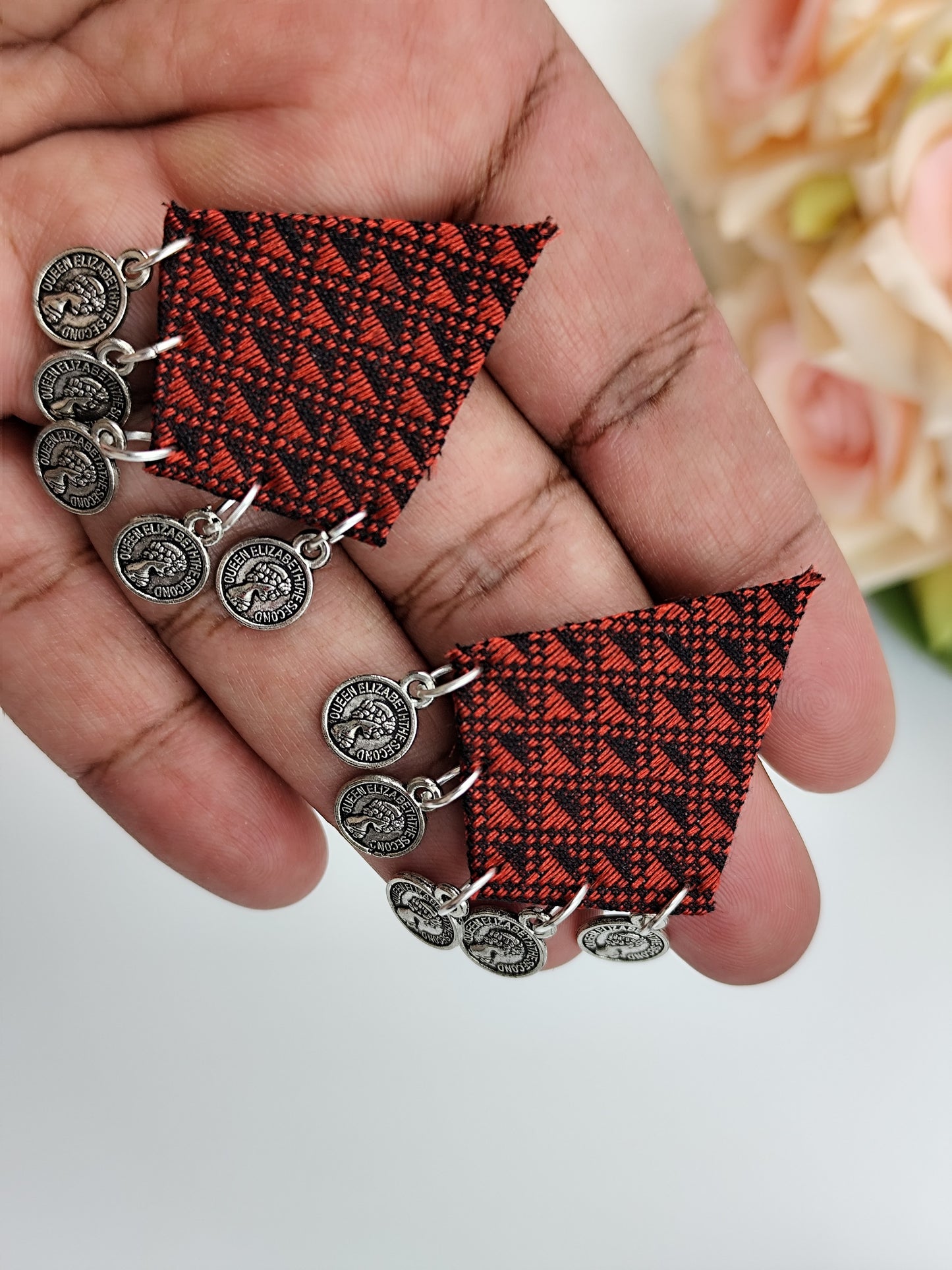 Fabric Earrings - Red & Black Khaan Fabric Earring with Silver Coins