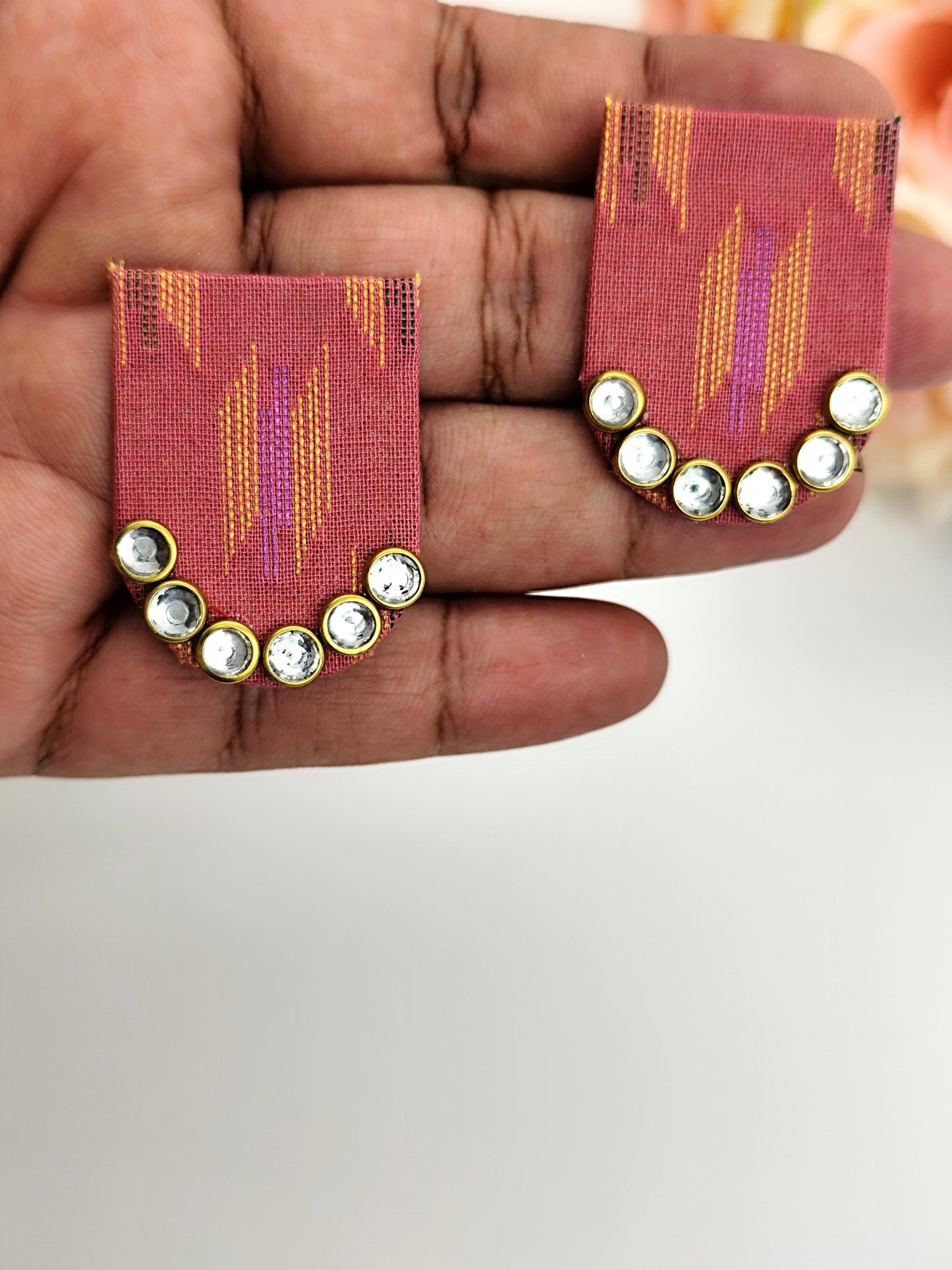 Fabric Earring - Pink Fabric Earrings with Kundan design