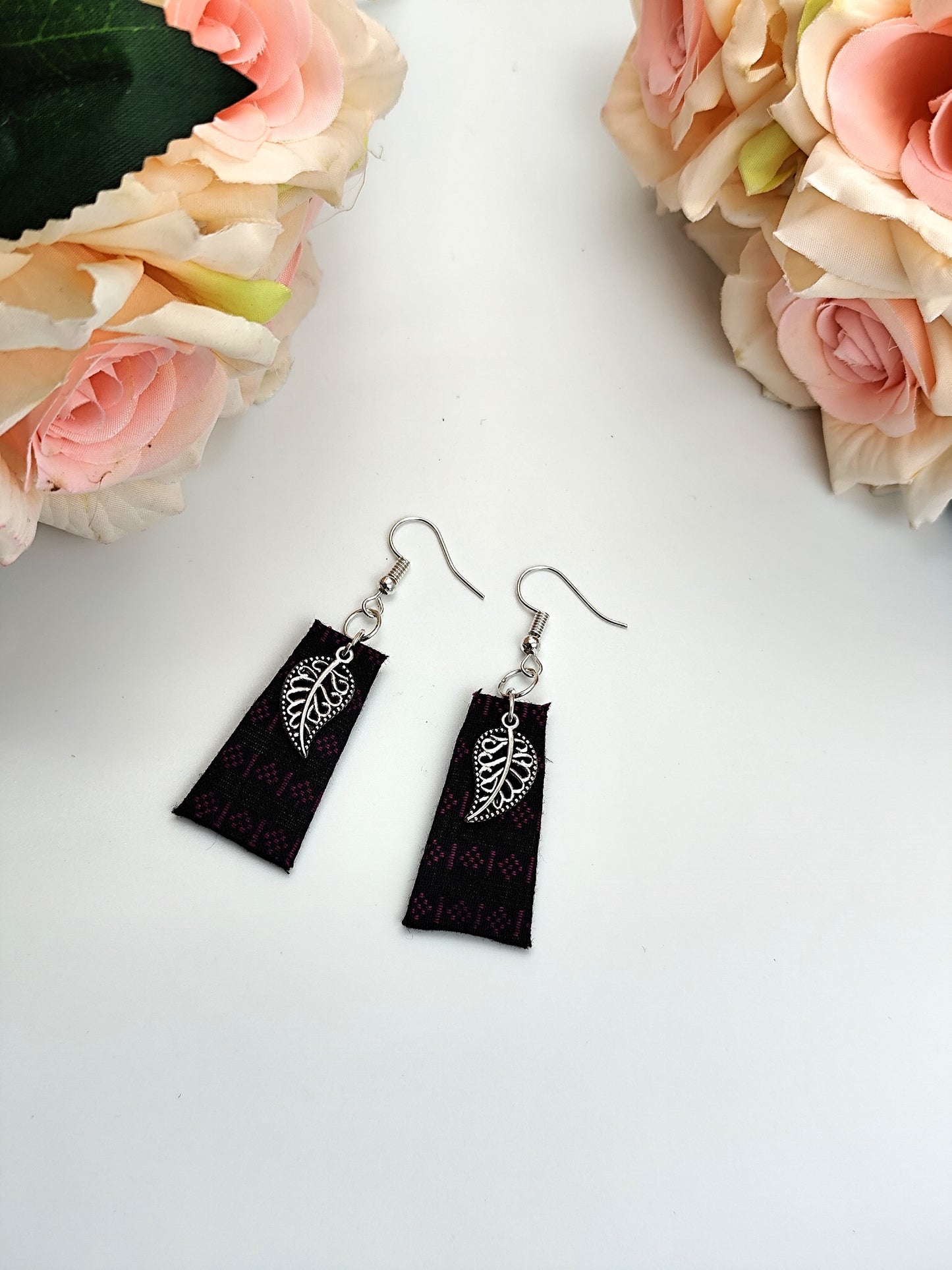 Fabric Earring - Black Fabric with Silver Charm