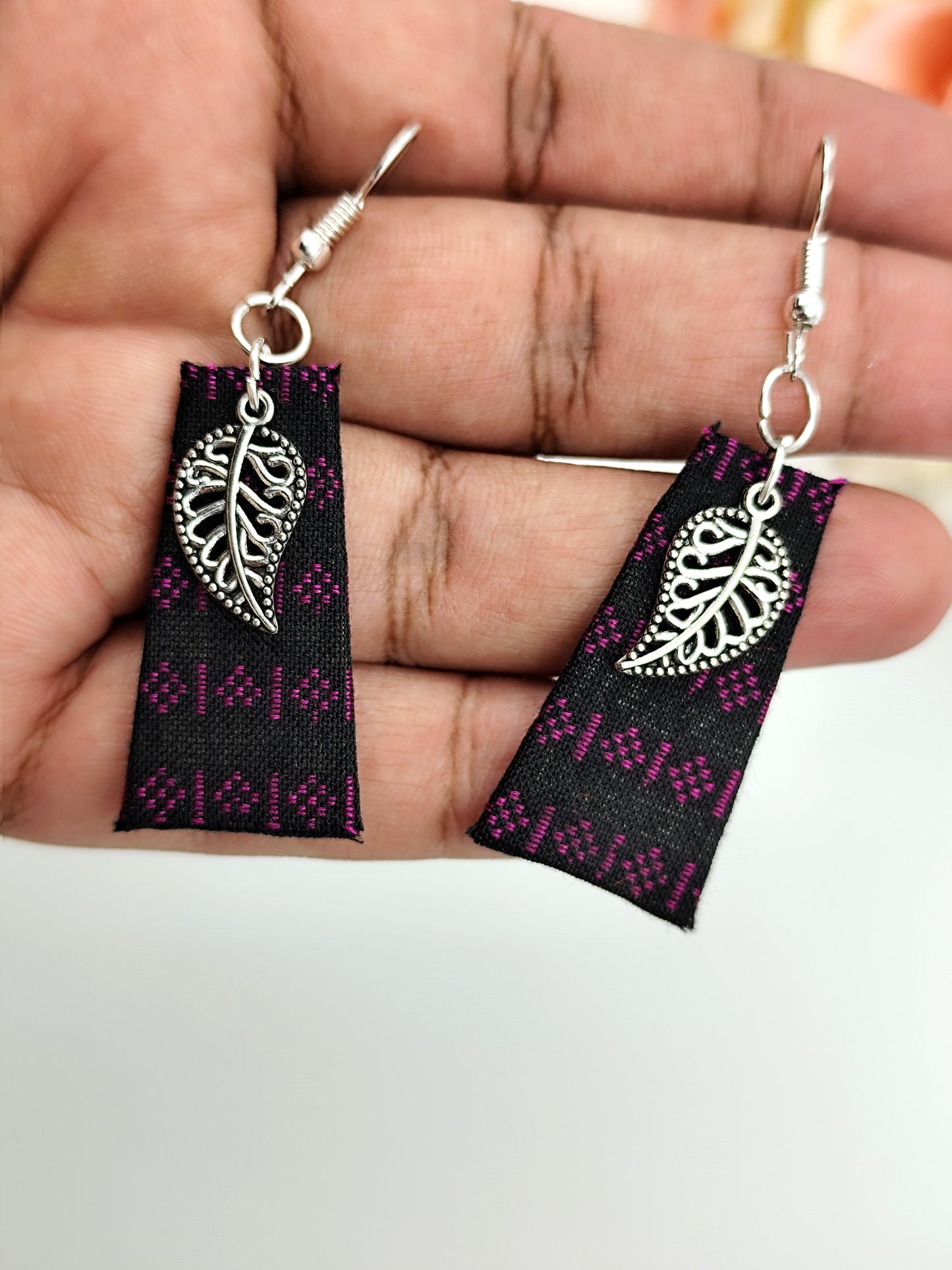 Fabric Earring - Black Fabric with Silver Charm