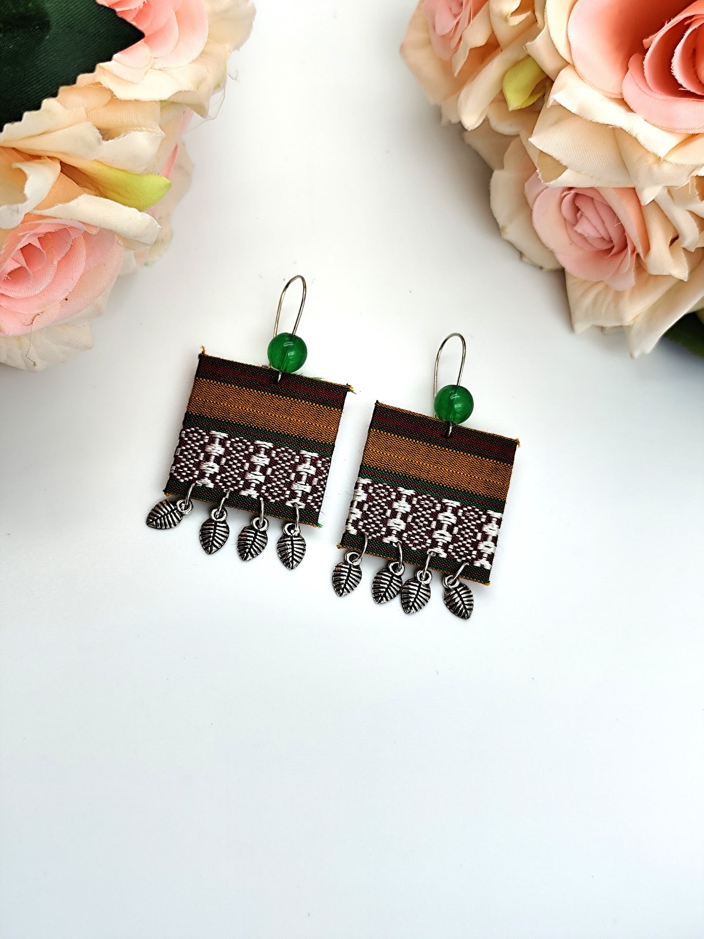 Fabric Earring - Green, Golden & Silver Khaan Fabric with Silver Charms