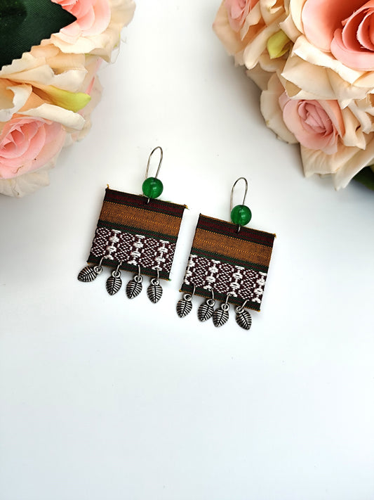 Fabric Earring - Green, Golden & Silver Khaan Fabric with Silver Charms