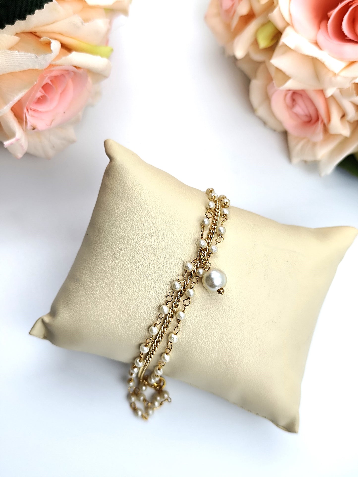 Bracelet - Pearl Chain And Golden Chain With Pearl Drop Bracelet