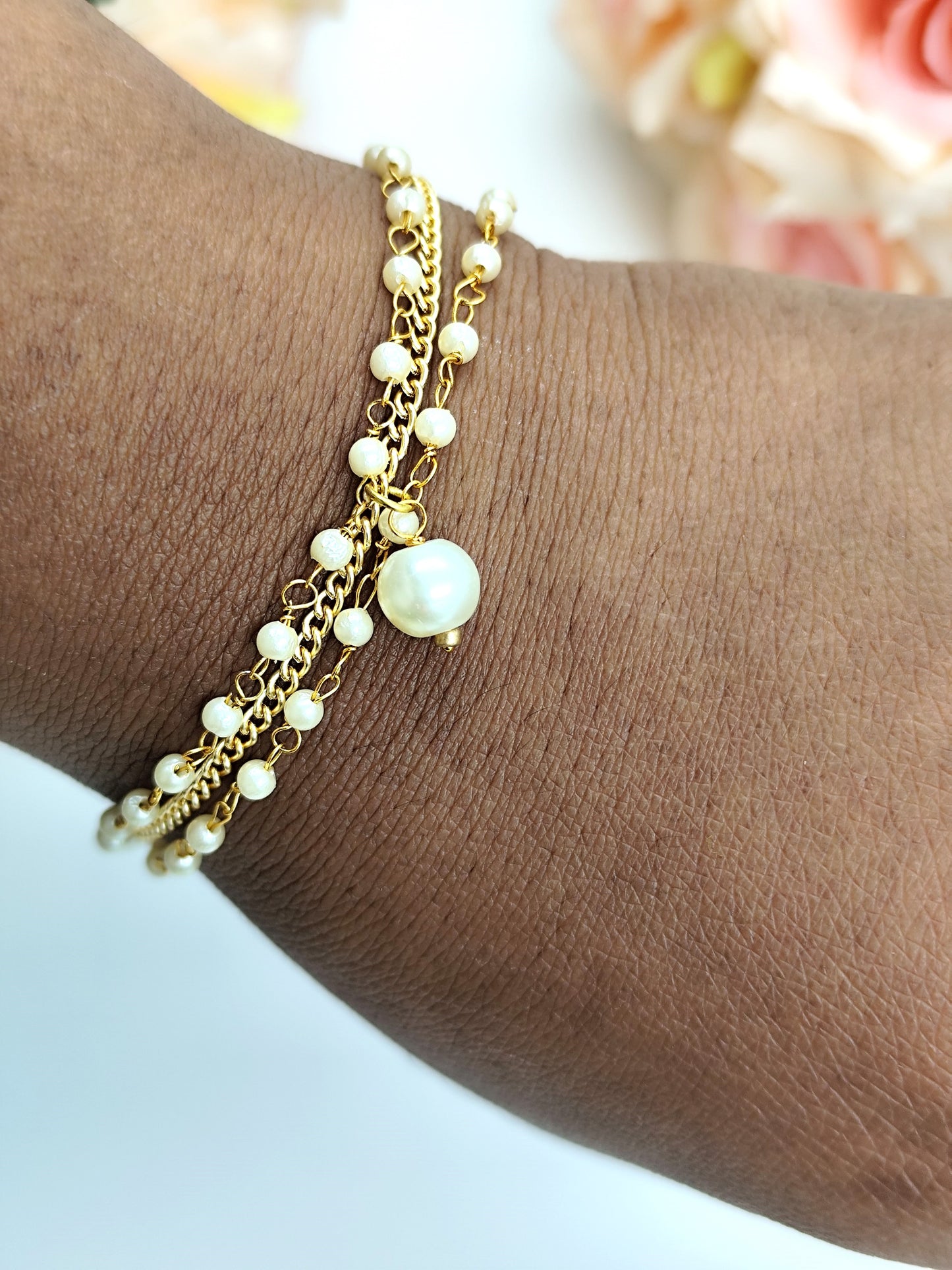 Bracelet - Pearl Chain And Golden Chain With Pearl Drop Bracelet