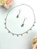 Necklace & Earring Set - Teal Blue And Cream Crystal and Silver Chain Necklace