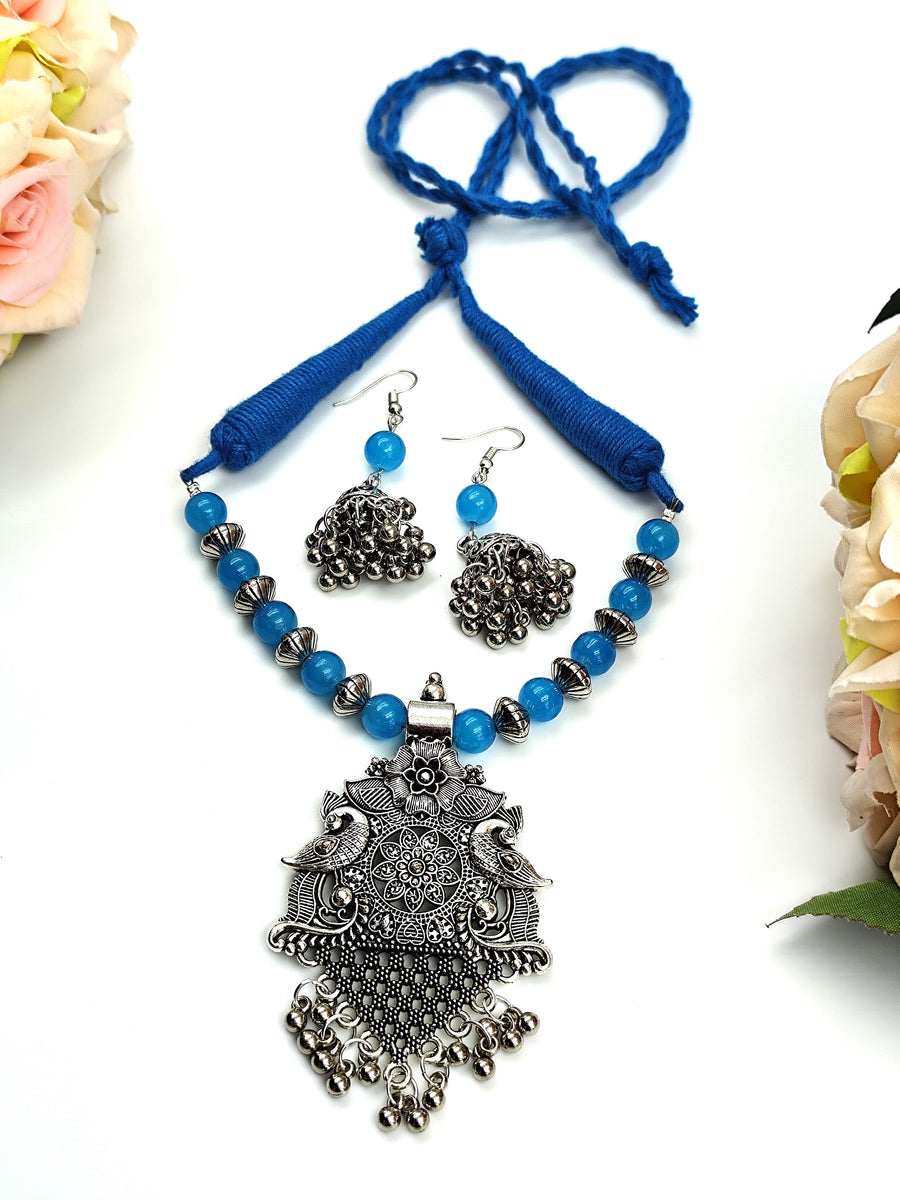 Beaded Set - Ocean Blue Bead & Oxidized Silver Pendent set