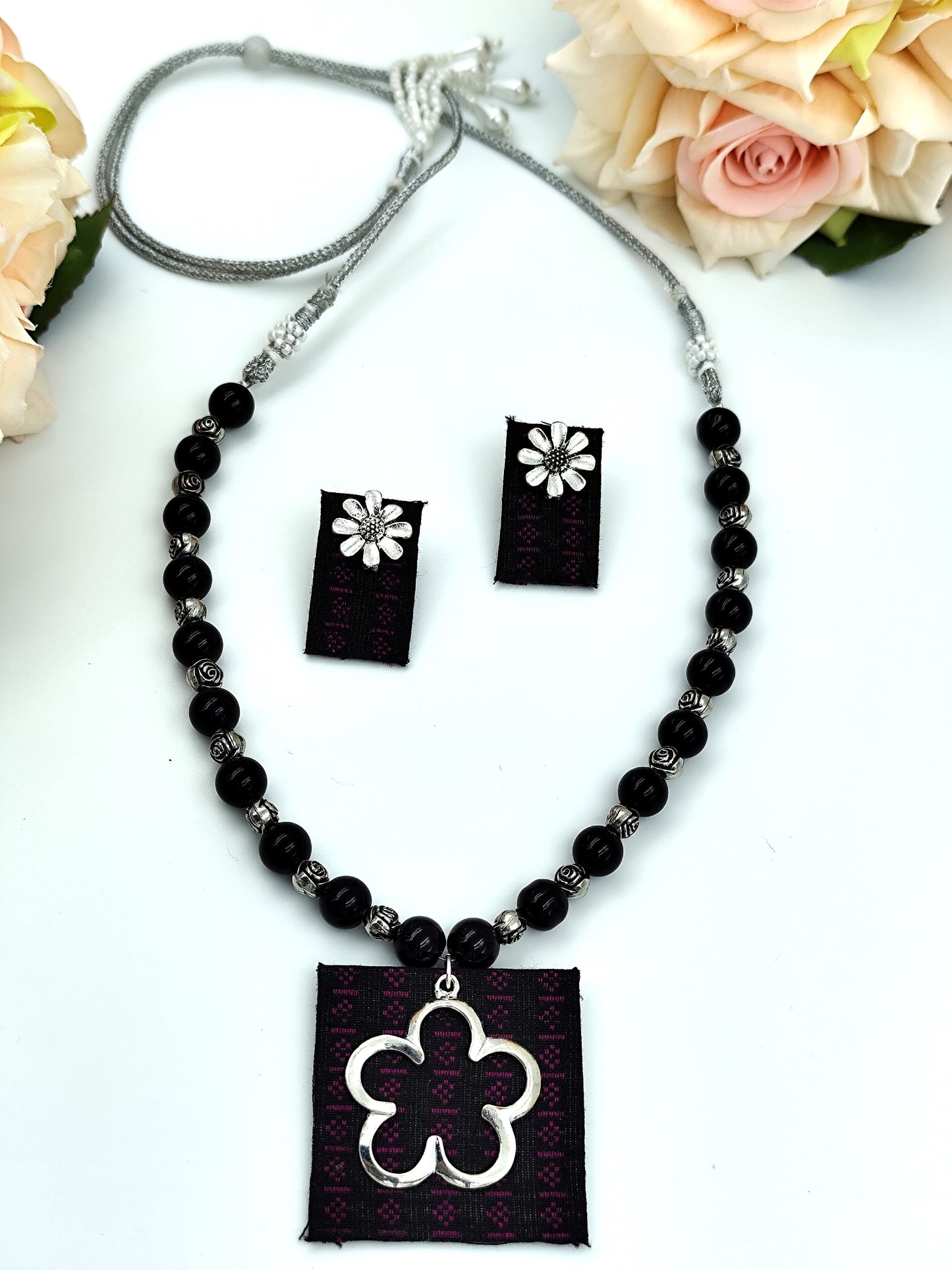 Khaan Fabric Set - Black With Purple Motif & Silver Charm & Earrings