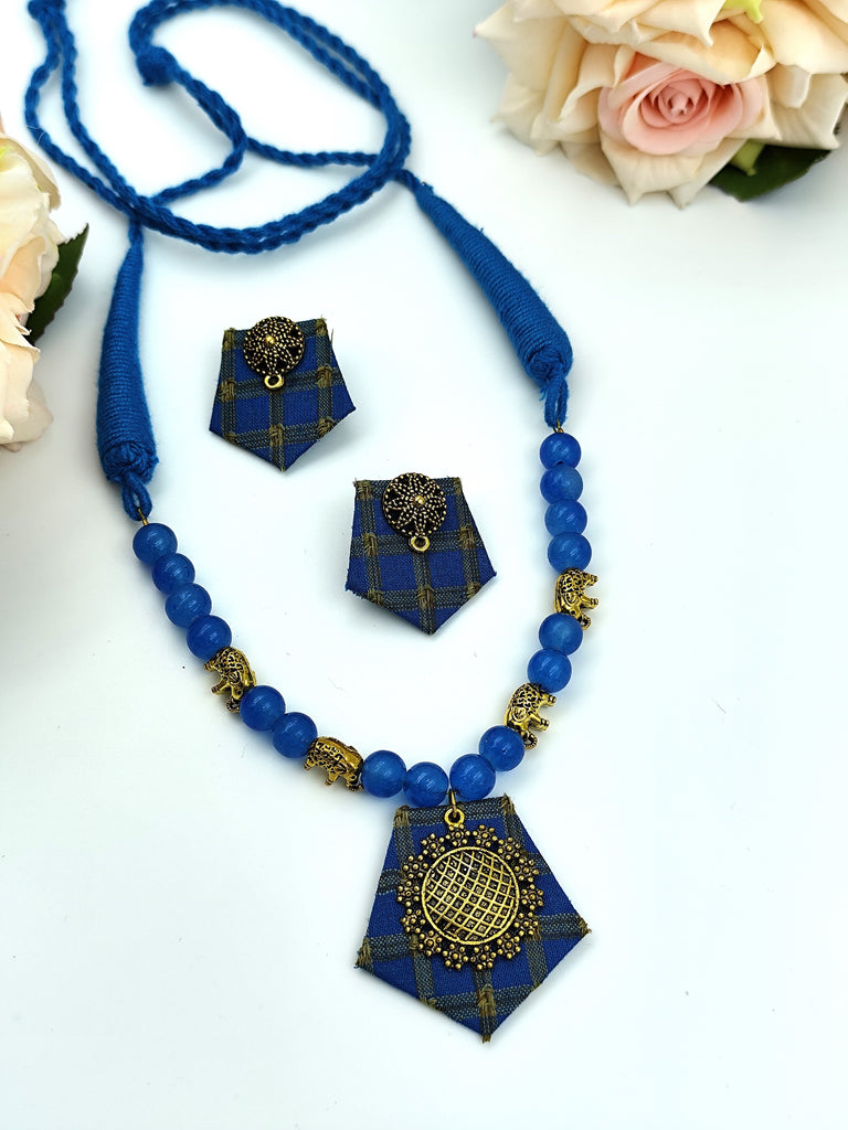 Fabric Set - Blue With Golden Square design with Antique Golden Pendent Set