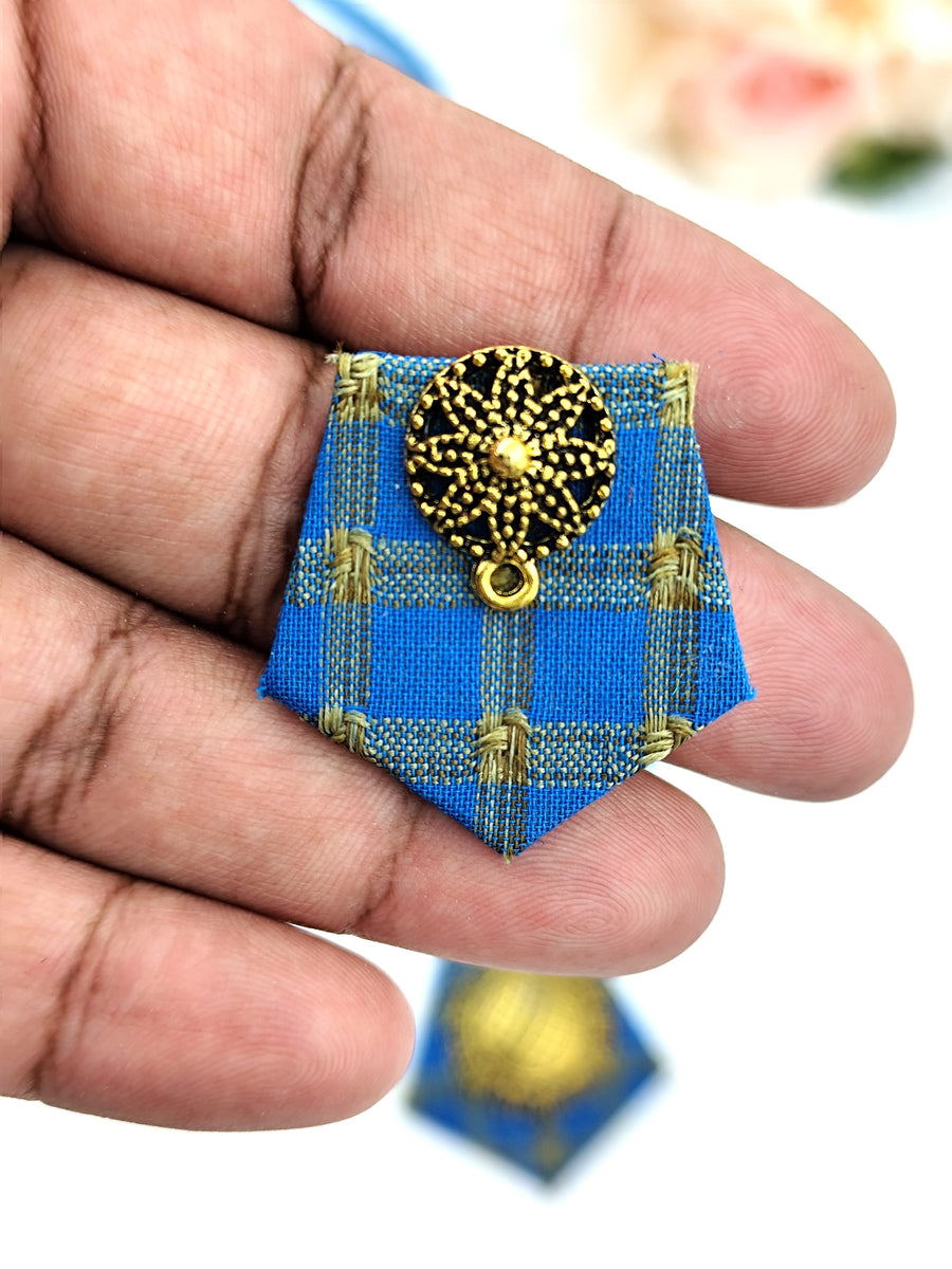 Fabric Set - Blue With Golden Square design with Antique Golden Pendent Set