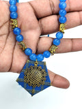 Fabric Set - Blue With Golden Square design with Antique Golden Pendent Set