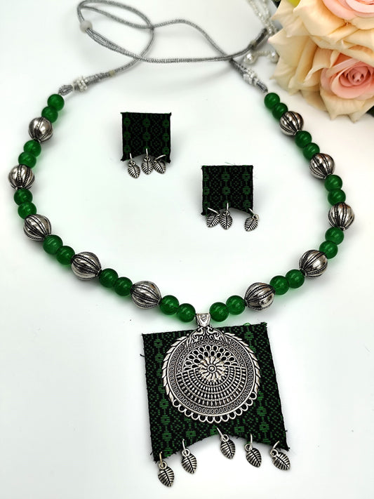 Khaan Fabric Set - Black & Green With Oxidized Silver Pendent