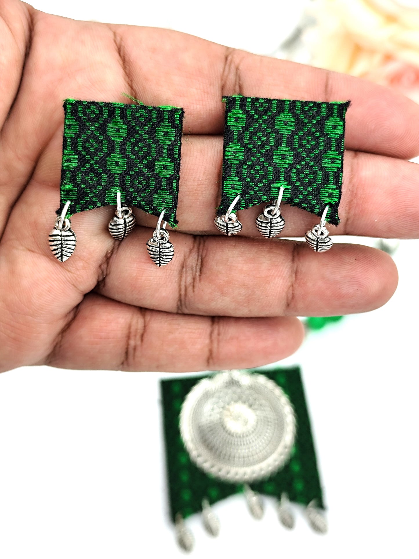 Khaan Fabric Set - Black & Green With Oxidized Silver Pendent