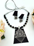 Khaan Fabric Set - Black With Oxidized Silver Pendent & Jhumka Set