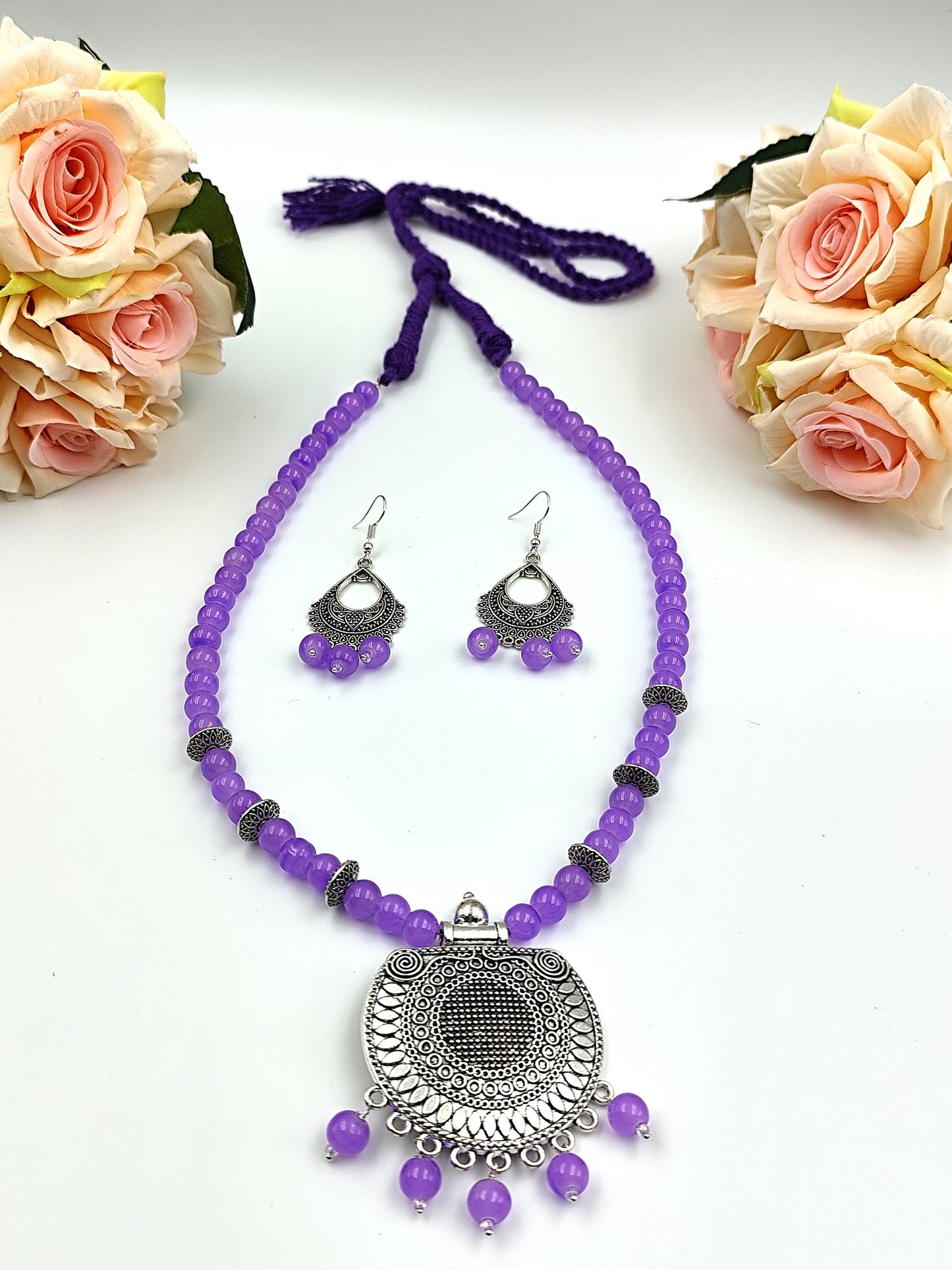 Beaded Set - Light Violet Bead And Oxidized Silver Pendent Set