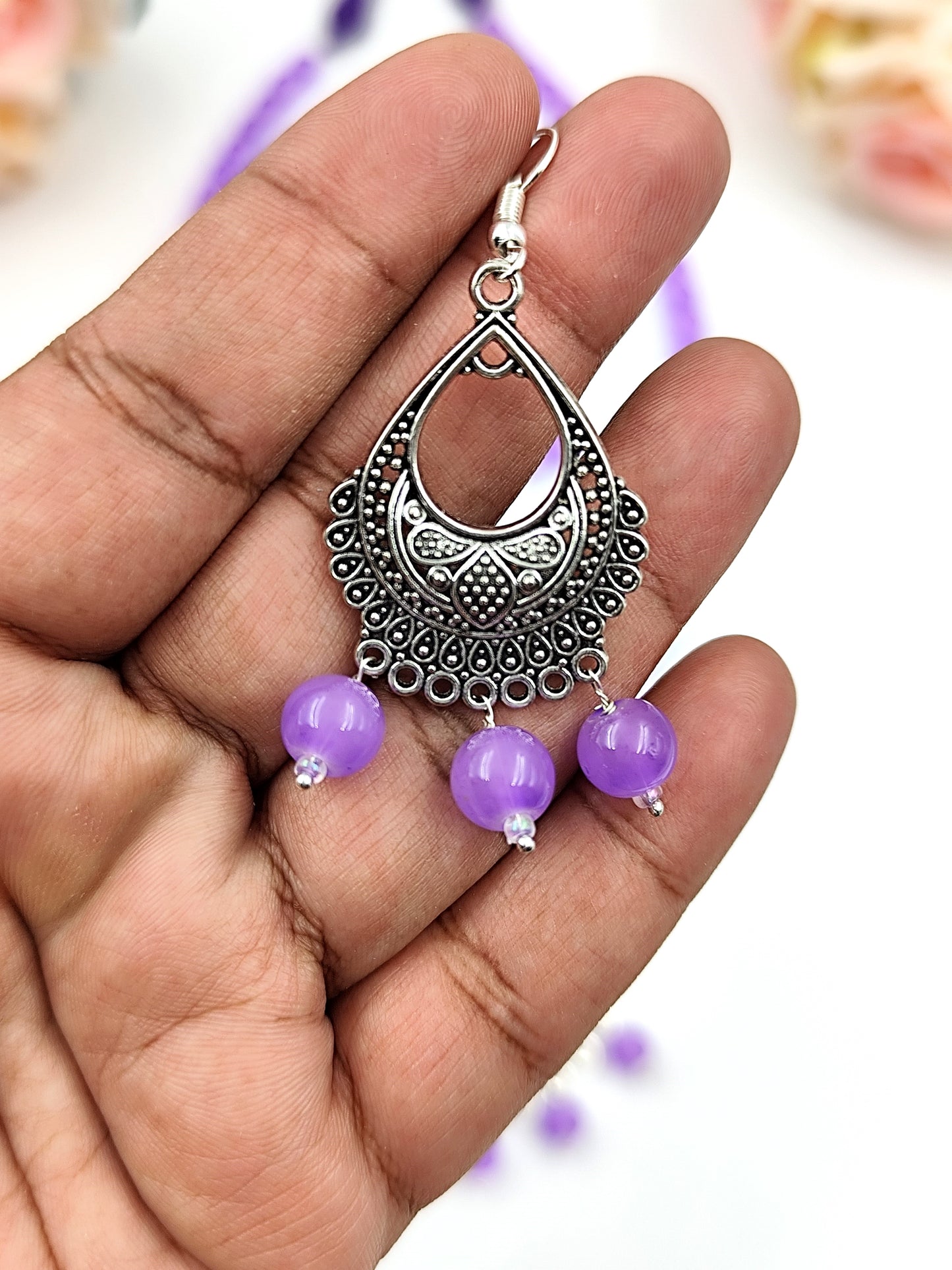 Beaded Set - Light Violet Bead And Oxidized Silver Pendent Set