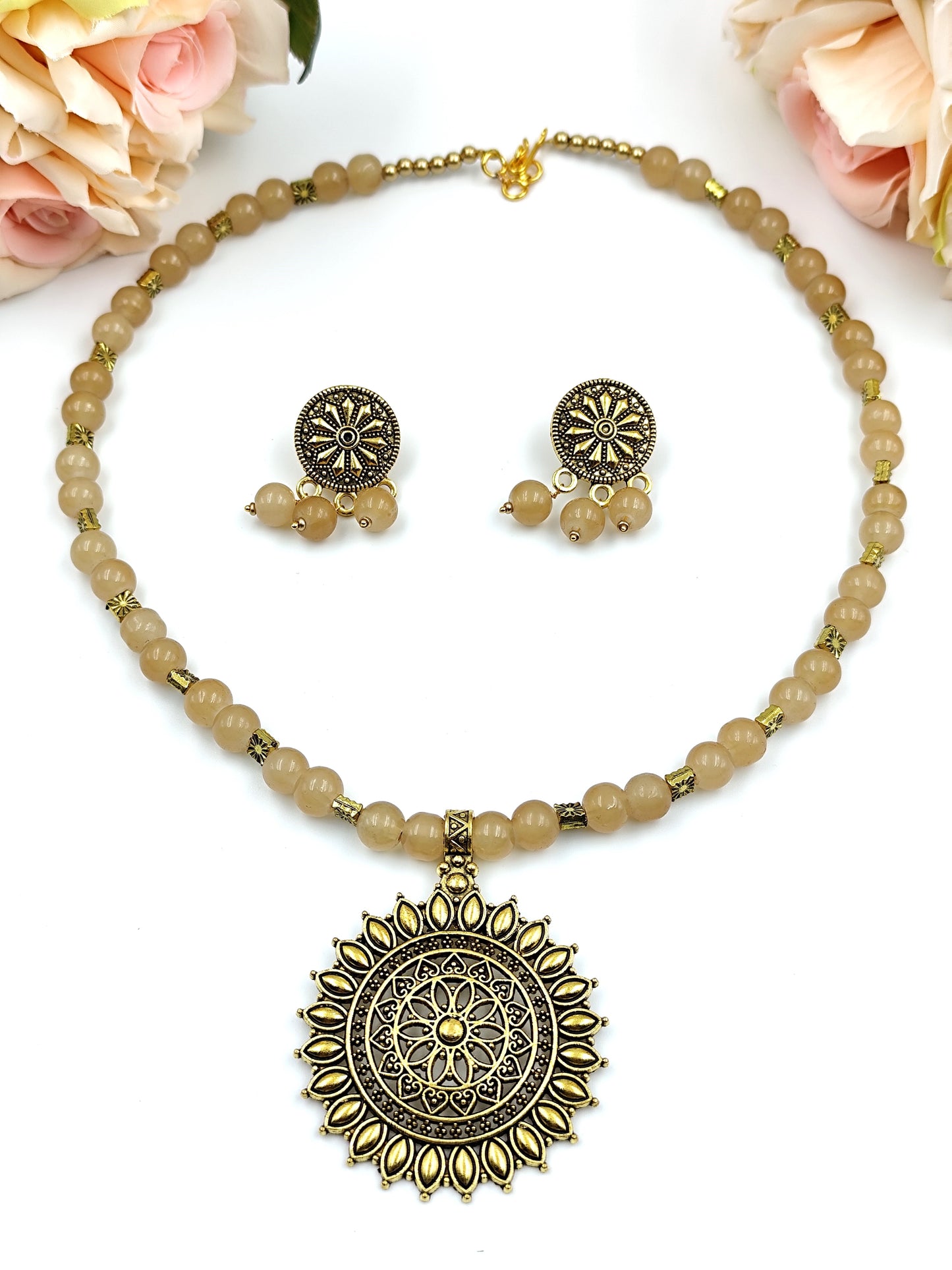 Beaded Set - Cream Bead And Oxidized Golden Pendent Set