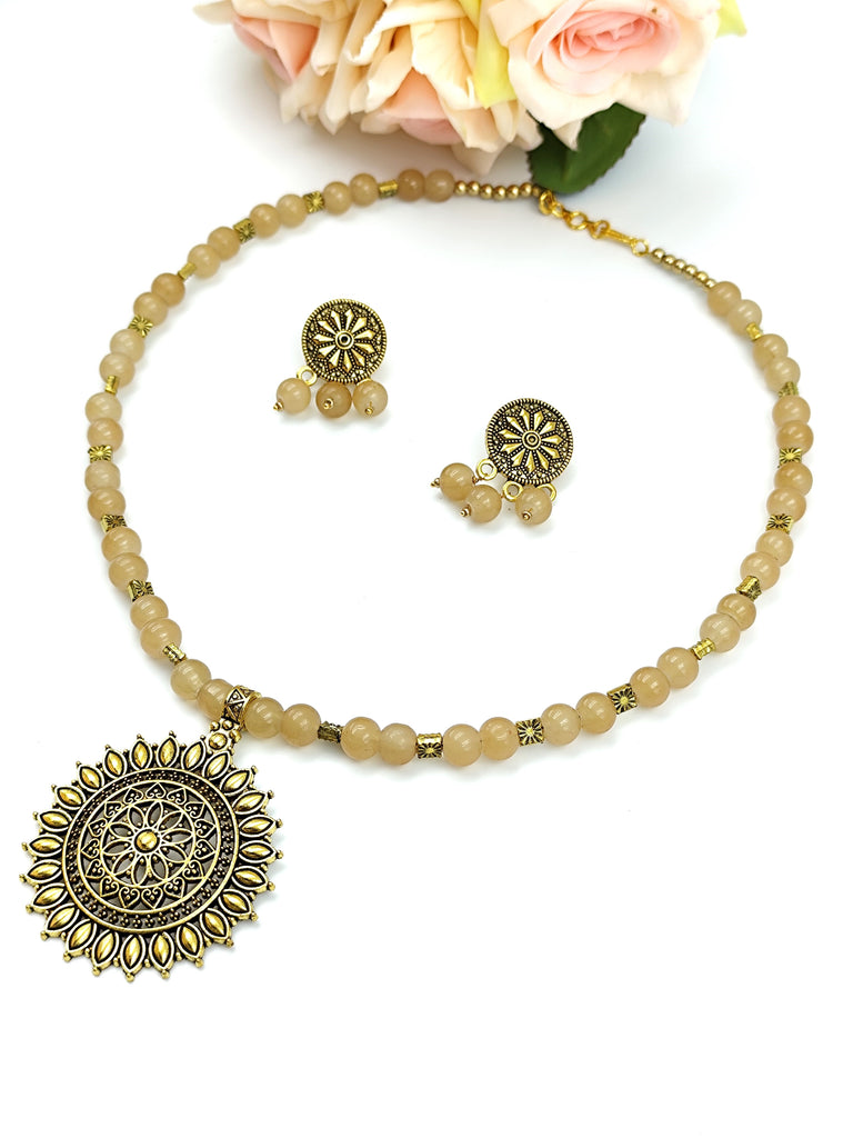 Beaded Set - Cream Bead And Oxidized Golden Pendent Set