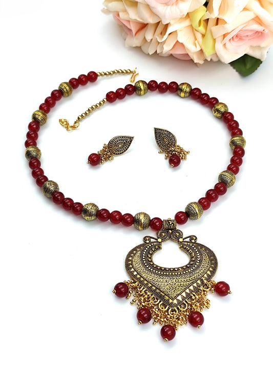 Beaded Set - Blood  Red And Golden Oxidized Pendent Set