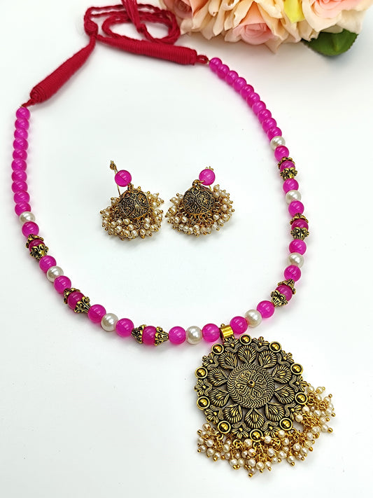 Beaded Set - Pink Beads, Pearl & Oxidized Golden Pendent Set