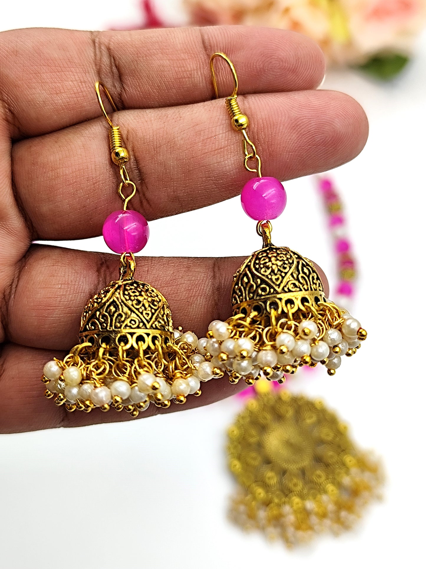 Beaded Set - Pink Beads, Pearl & Oxidized Golden Pendent Set