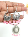 Beaded Set - Baby Pink And Oxidized Silver Pendent Set