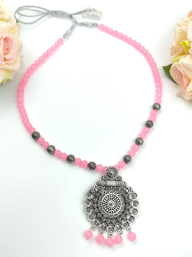 Beaded Set - Baby Pink And Oxidized Silver Pendent Set