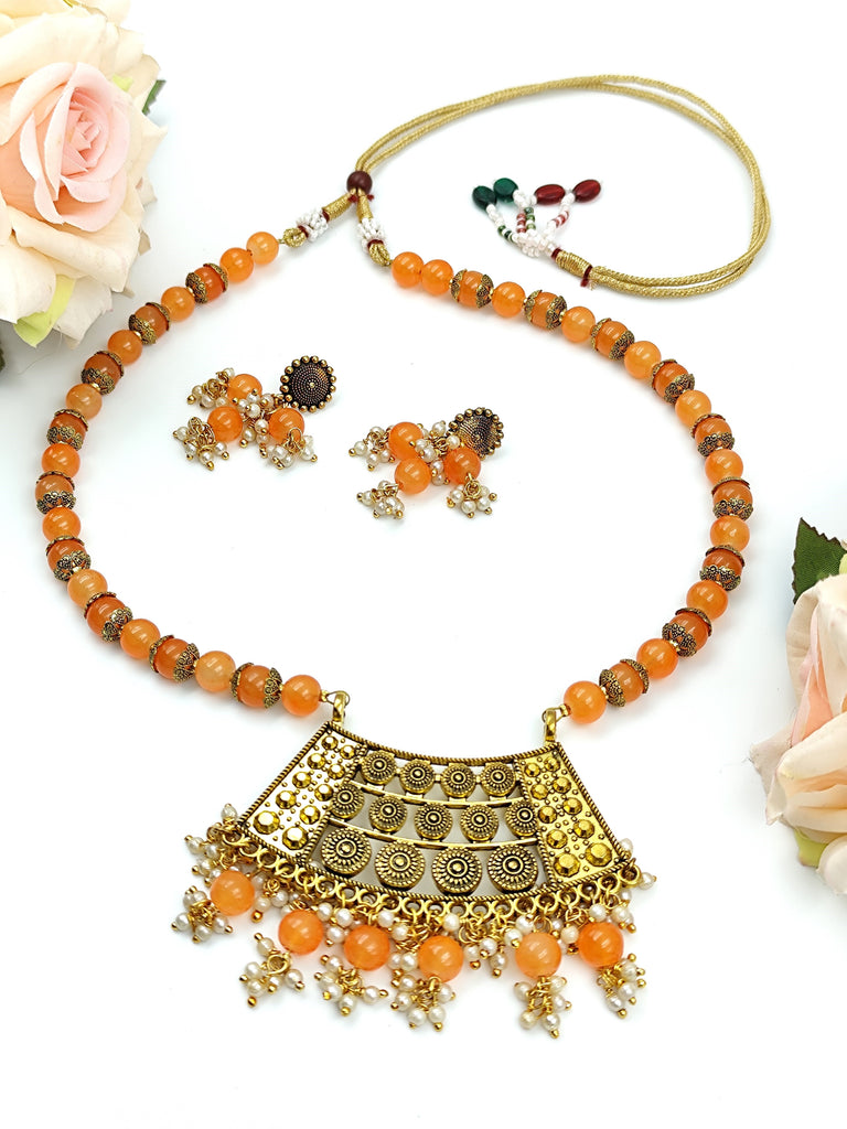 Beaded Set - Orange and Oxidized Golden Pendent Set