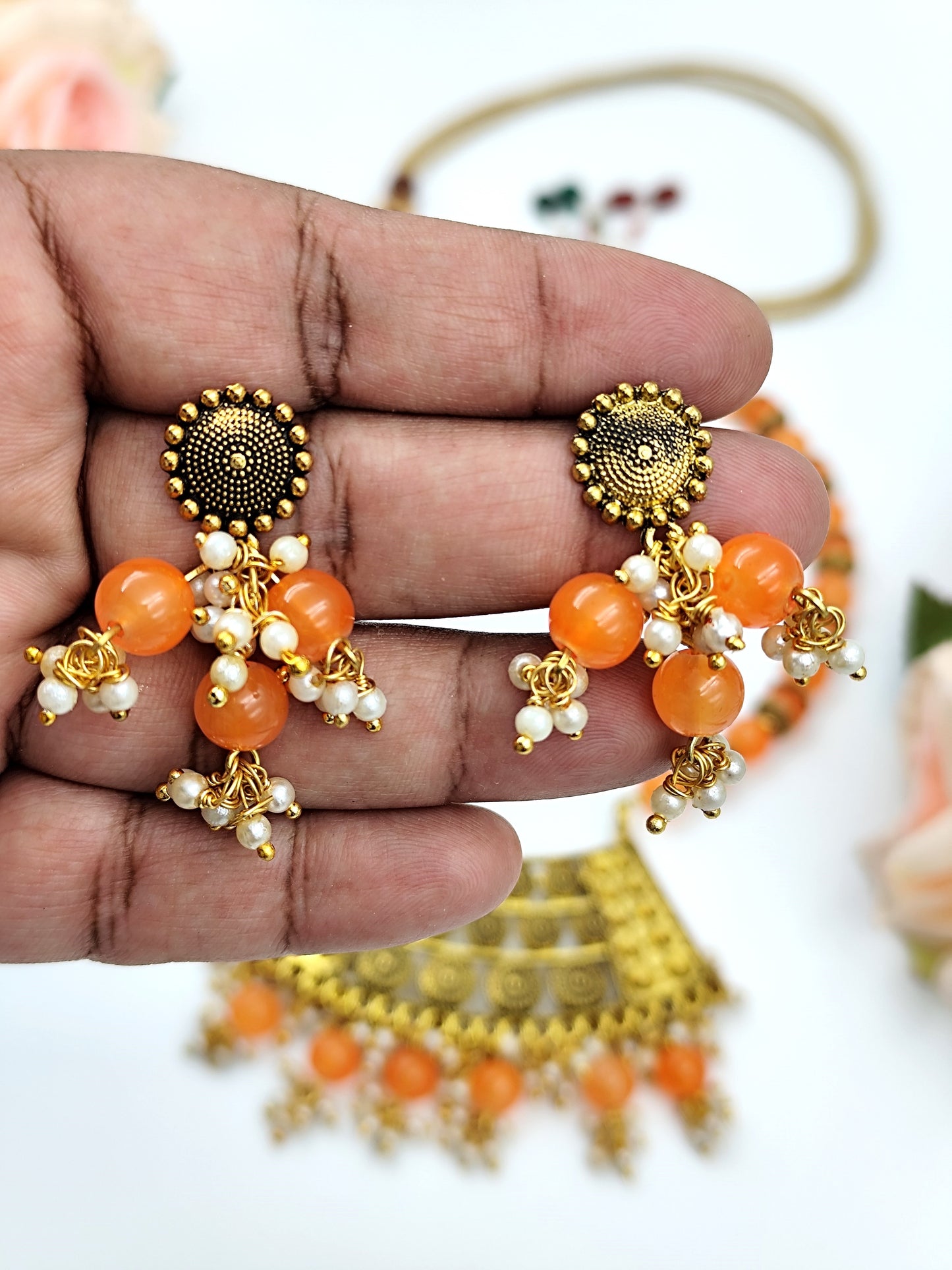 Beaded Set - Orange and Oxidized Golden Pendent Set