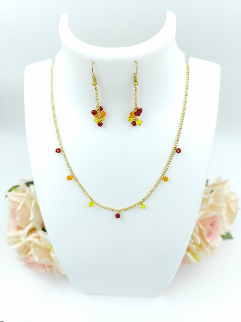 Necklace & Earrings set - Red, Orange and Yellow clear crystal and Golden Chain Necklace