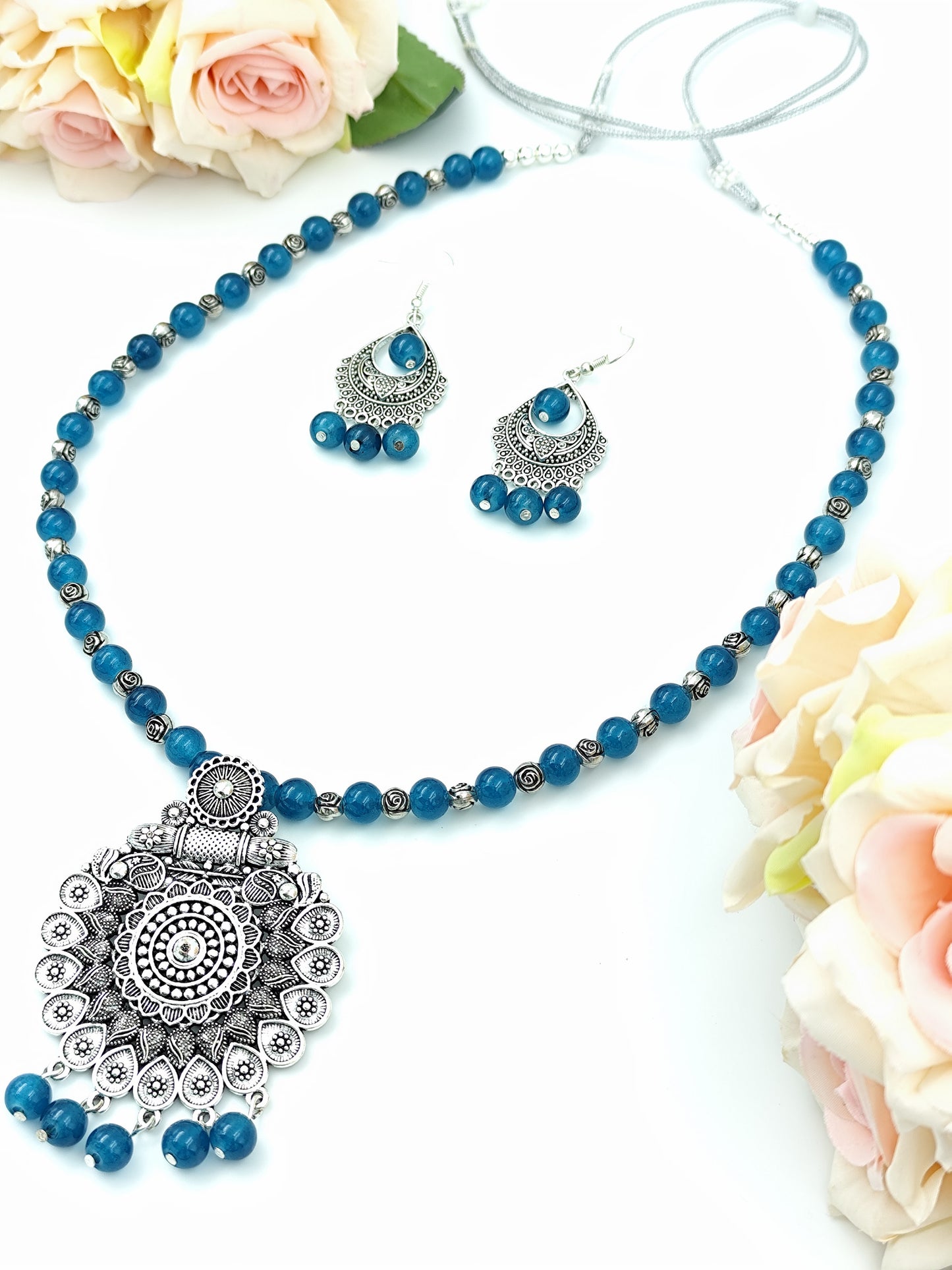 Beaded Set - Peacock Blue & Silver Oxidized Pendent Set