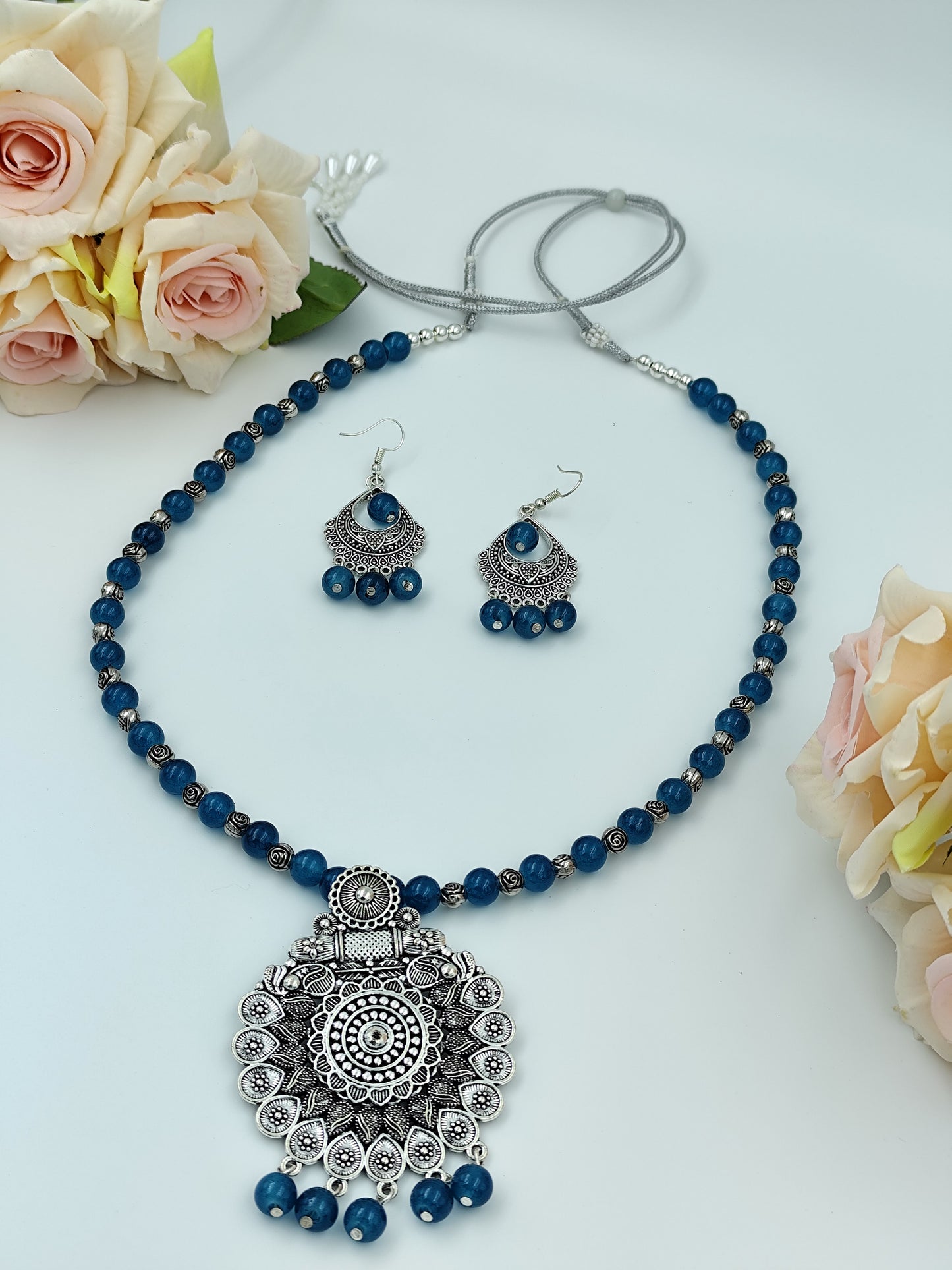 Beaded Set - Peacock Blue & Silver Oxidized Pendent Set