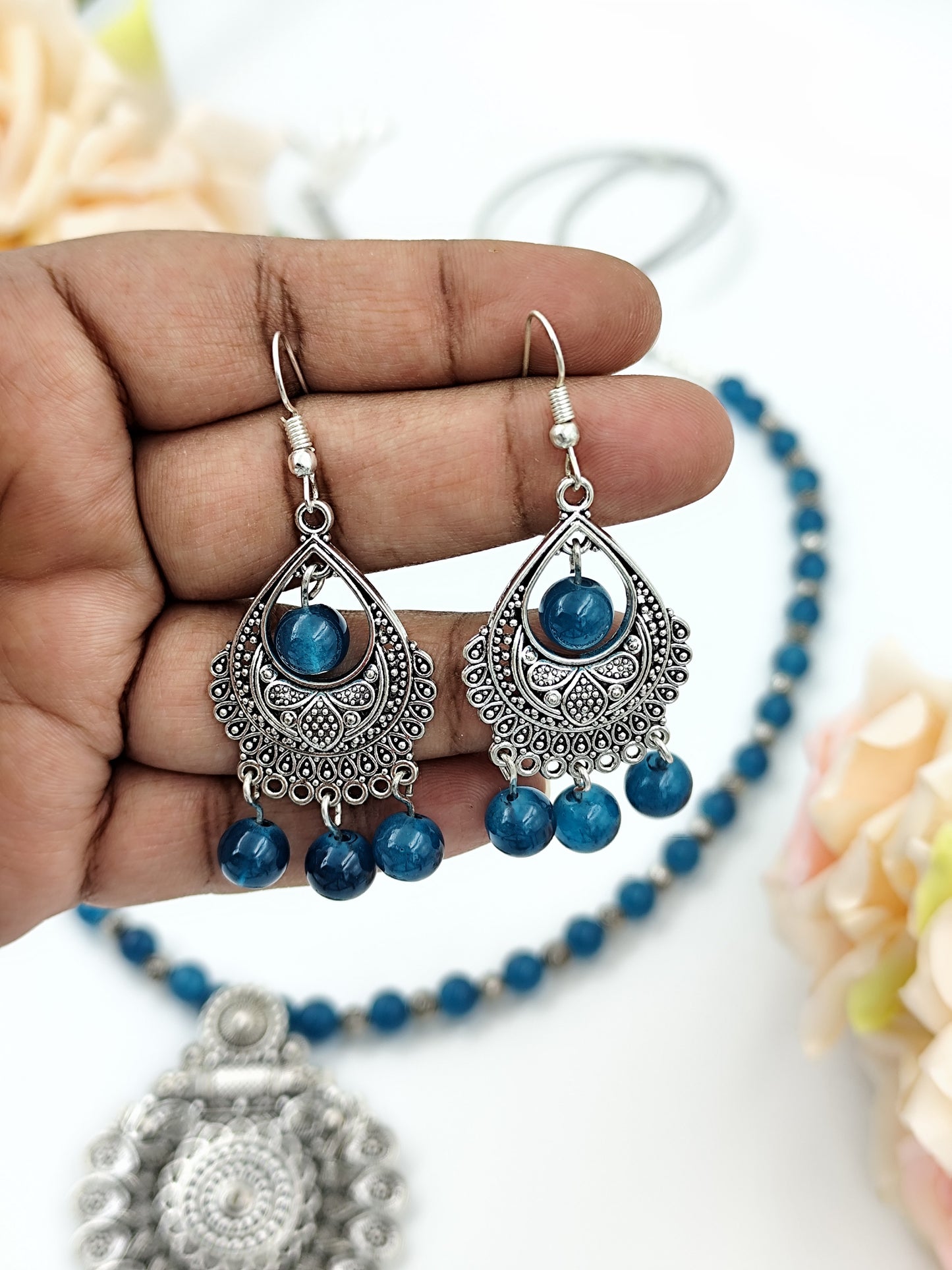 Beaded Set - Peacock Blue & Silver Oxidized Pendent Set