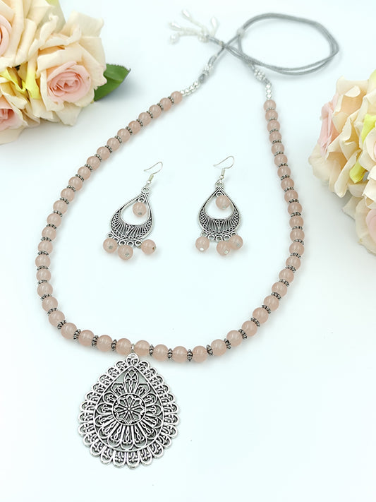 Beaded Set - Rose Quartz Colour with Oxidized silver Pendent Set