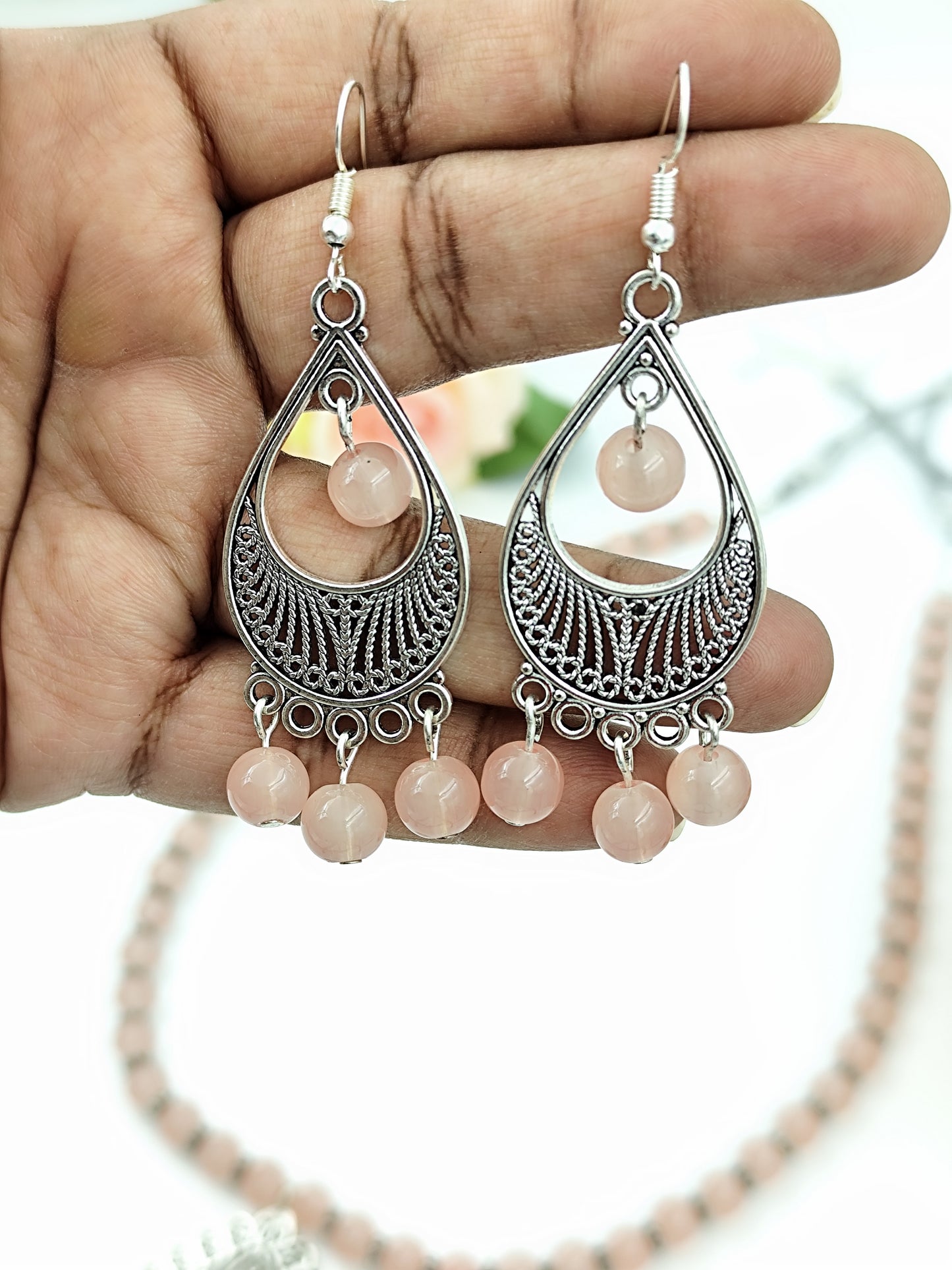 Beaded Set - Rose Quartz Colour with Oxidized silver Pendent Set