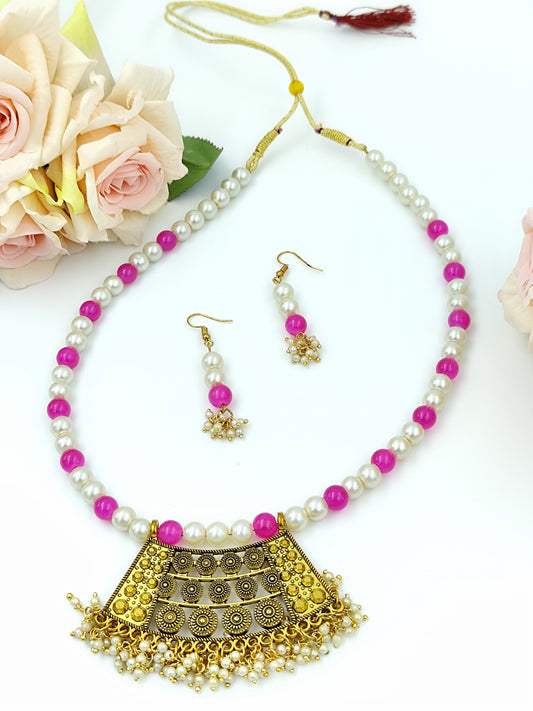 Pearl Set - Glass Pearl & Pink Beads With Golden Pendent Set