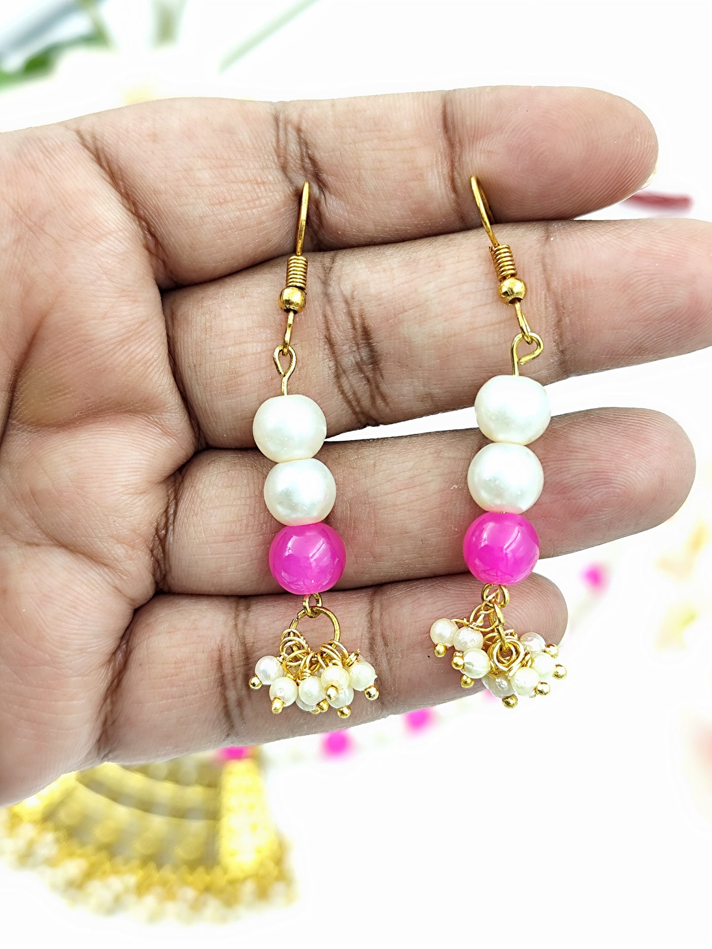 Pearl Set - Glass Pearl & Pink Beads With Golden Pendent Set