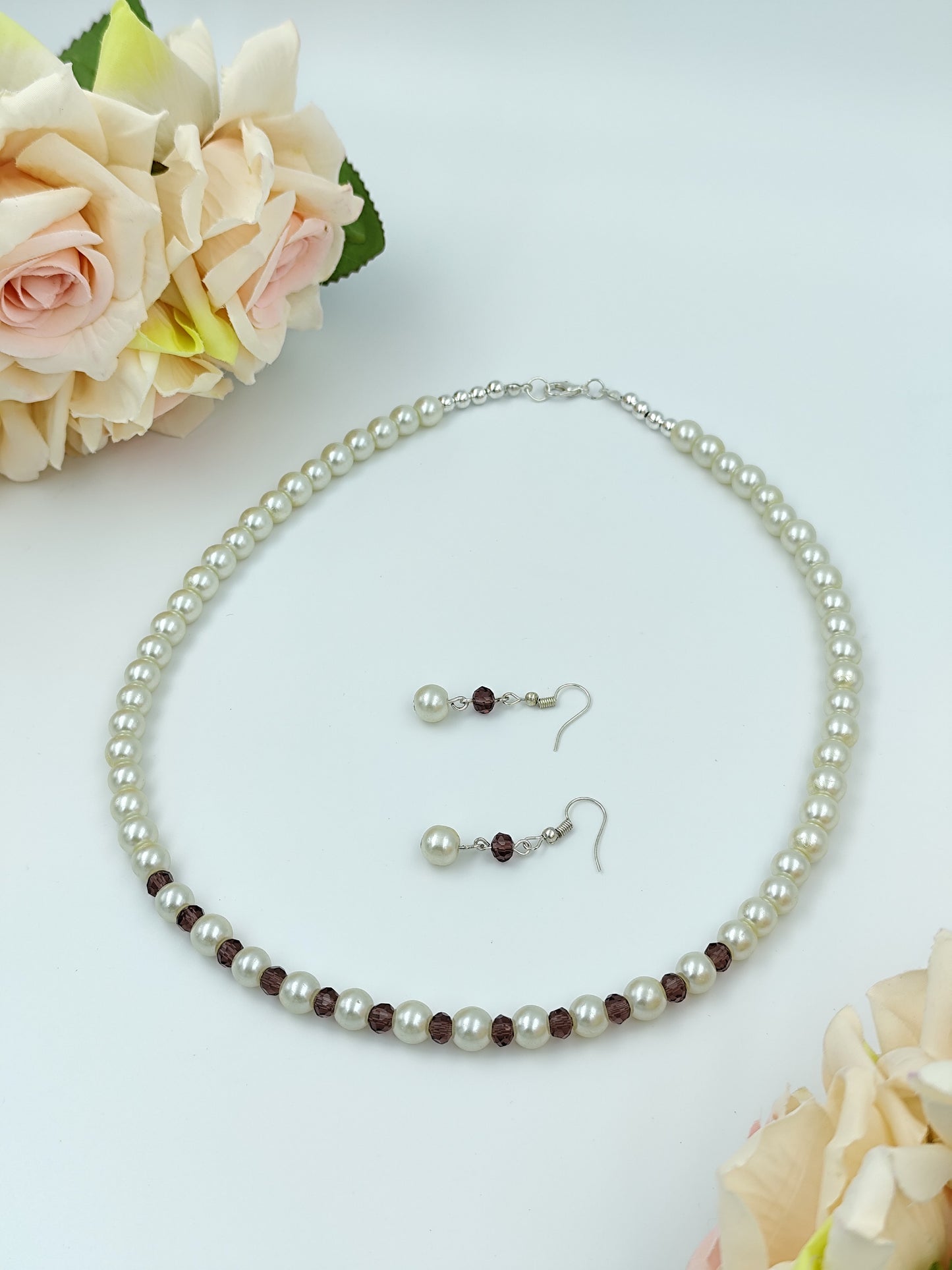 Pearl & Crystal Set - Off-White Glass Pearl & Brown Crystal Necklace & Earring Set