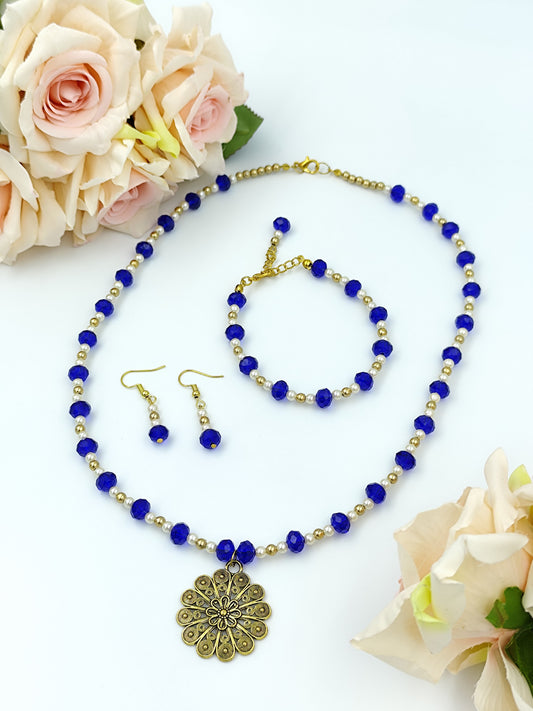 Pearl & Crystal Set- Navy Blue Crystal, Golden Beads & Pearl Necklace, Earring & Bracelet Set