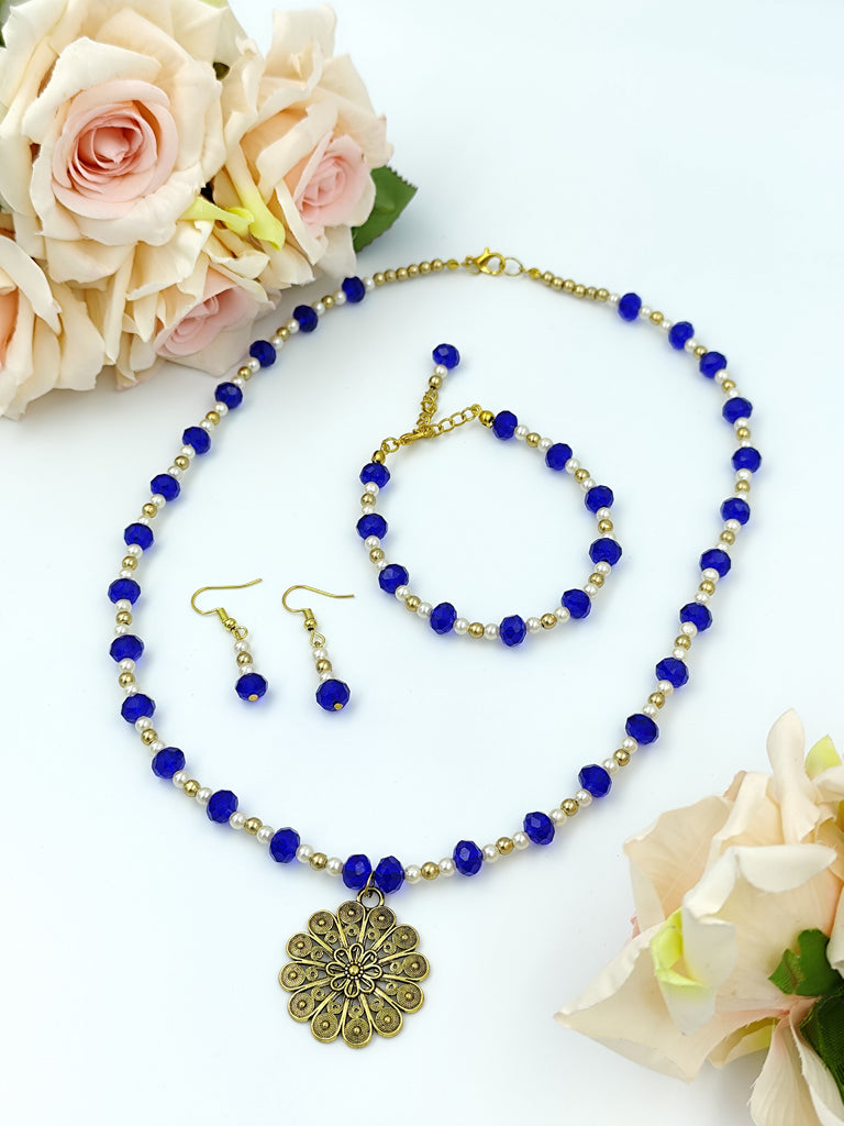 Pearl Crystal Set- Navy Blue Crystal, Golden Beads Pearl Necklace, Earring Bracelet Set