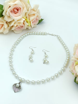 Pearl & Crystal Set - Off White Glass Pearl & Clear White Crystal & Silver Pendent Set