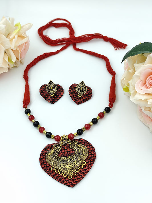 Khaan Fabric Red & Black With Antique Golden Pendent & Earring Set