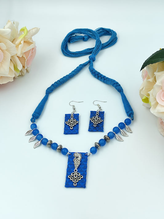 Khaan Fabric Set Blue With Silver Peacock Charm & Earrings