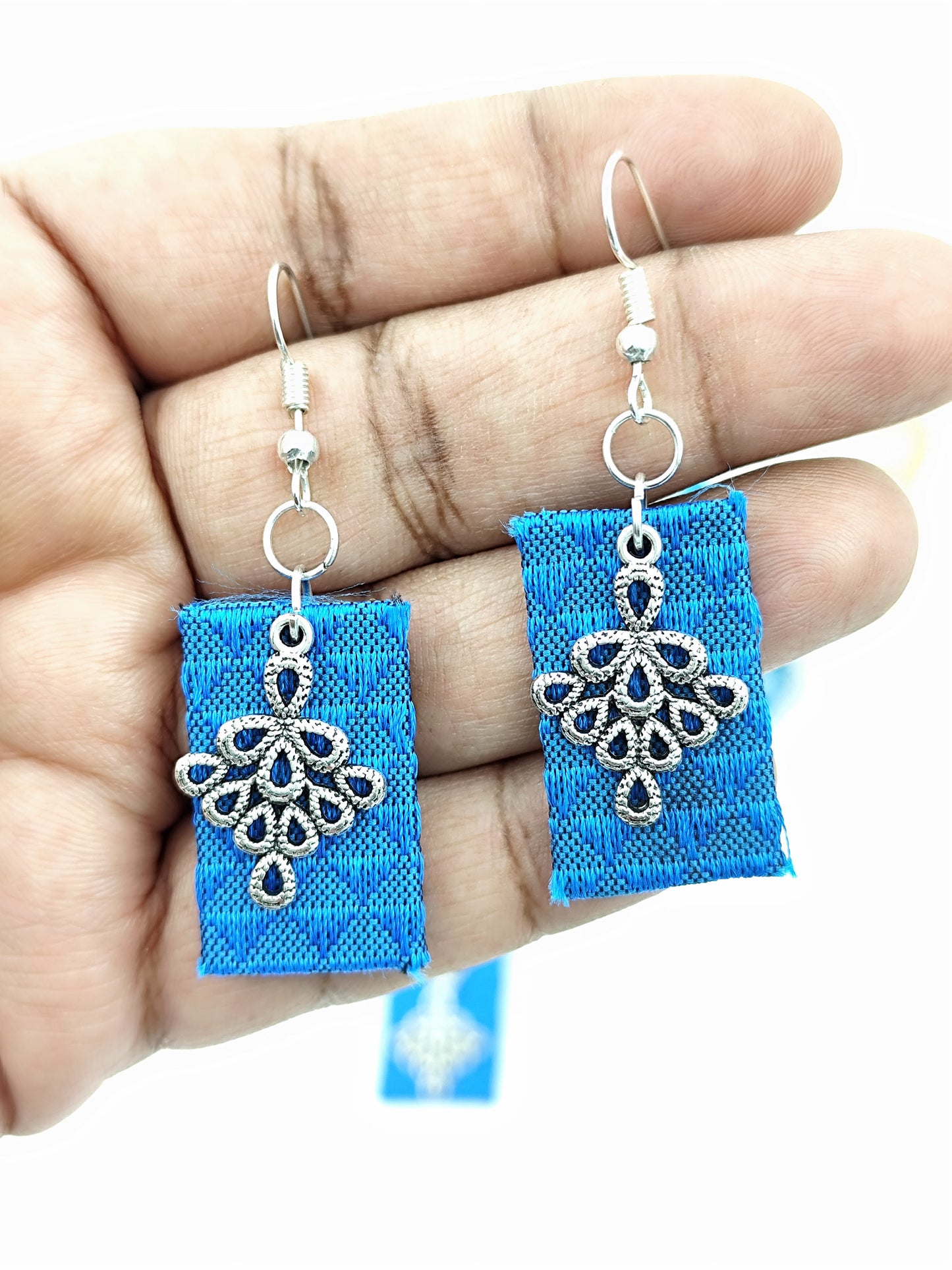 Khaan Fabric Set Blue With Silver Peacock Charm & Earrings