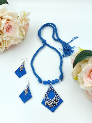 Khaan Fabric Blue With Silver Pendent & Earring Set