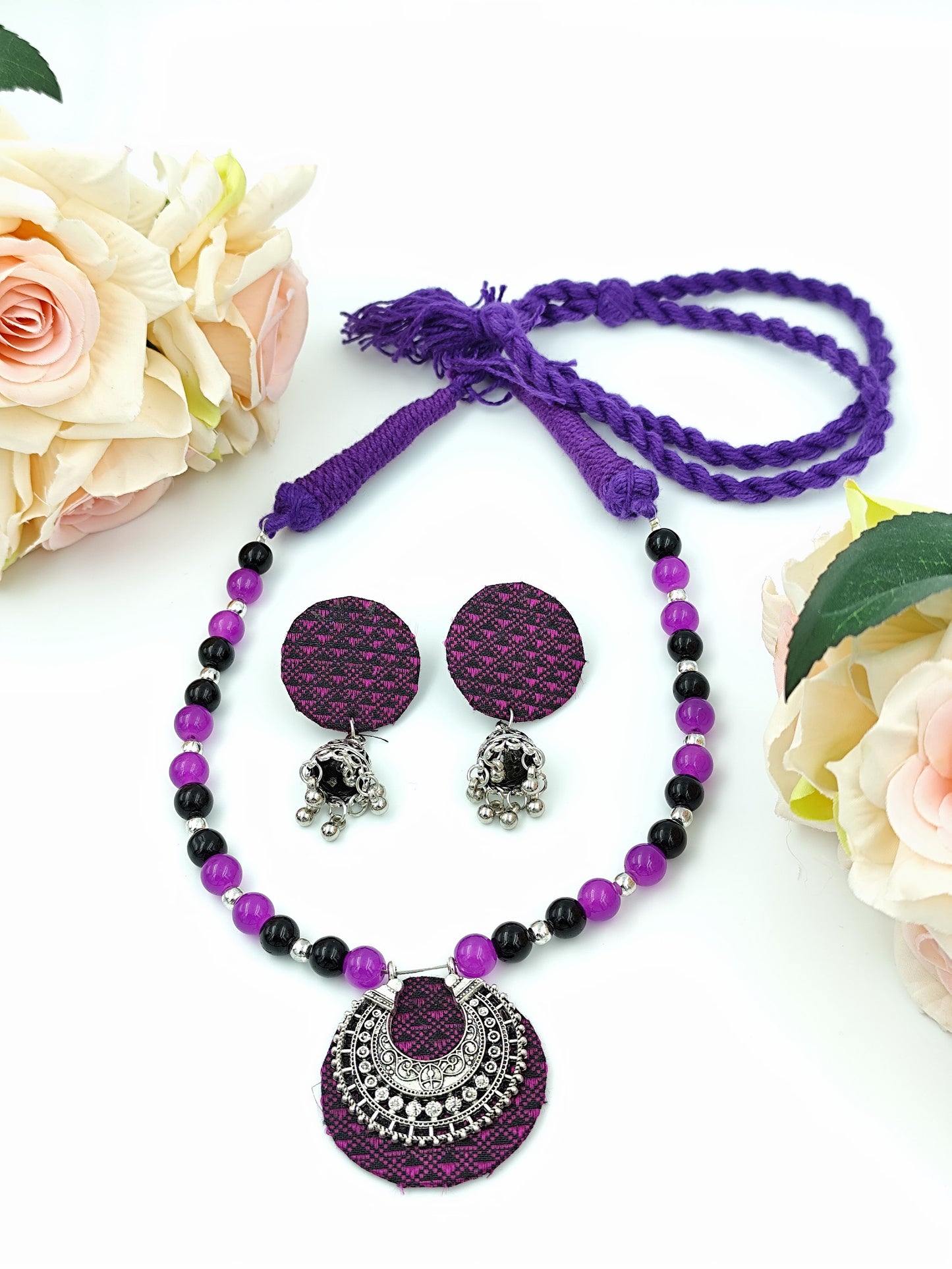 Khaan Fabric Set - Black & Purple With Oxidized Silver Pendent & Jhumka Earrings