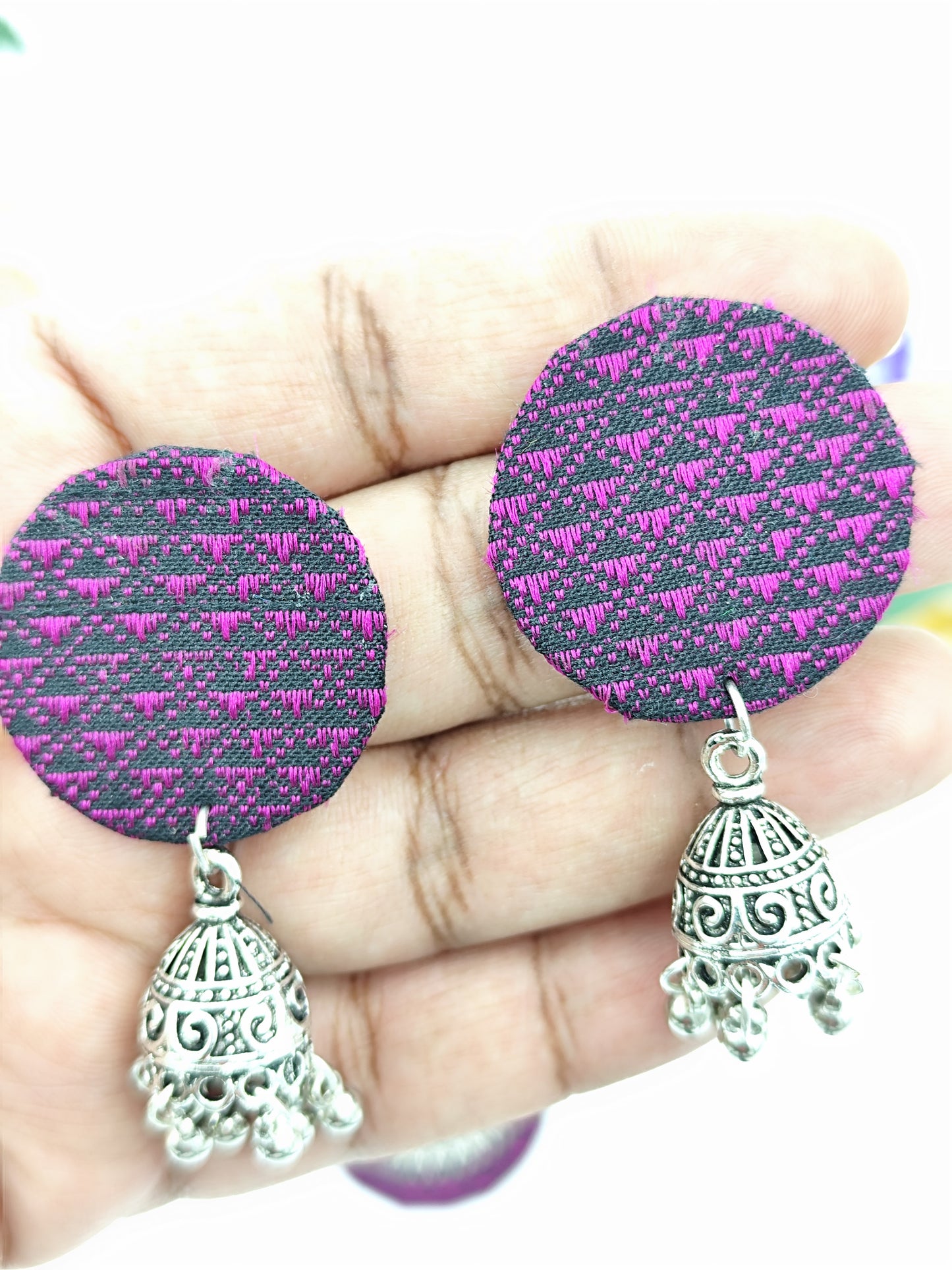 Khaan Fabric Set - Black & Purple With Oxidized Silver Pendent & Jhumka Earrings